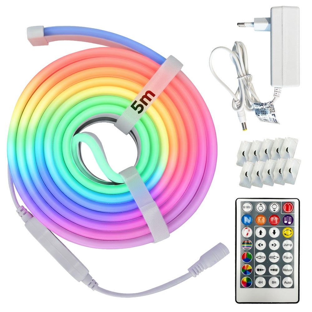 Taśma LED RGB NEON, 12V, 10W/m, 200lm/m, IP65, ze sterownikiem, zasilaczem i pilotem, rolka 5m, DIGITAL-5 HOROZ