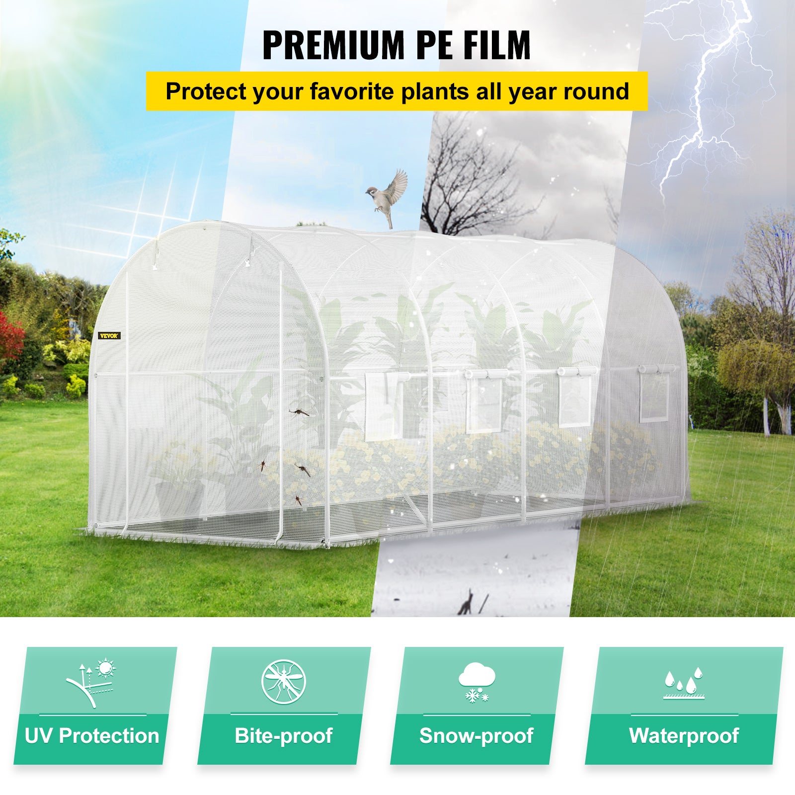 Serre Tunnel Jardin VEVOR 4,6x2,1x2,1 m Tente Abri Plantes Cadre en Acier Galvanise Couverture Etanche PE 1 Poutre Superieure 2 Poteaux Diagonaux 1 Po - 4