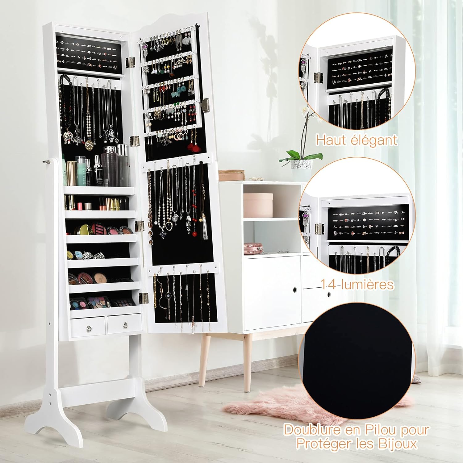 Armoire a Bijoux sur Pied avec Miroir, Meuble a Bijoux de Dessus d’Arc avec 14 Lumieres LED, 6 Etageres de Rangement,(Blanc) - 5