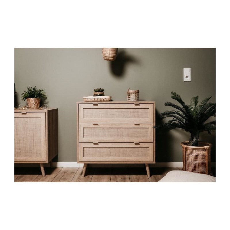 Commode 3 tiroirs - Decor chene sonoma - L 80 x P 40 x H 80 cm - BALI - 2