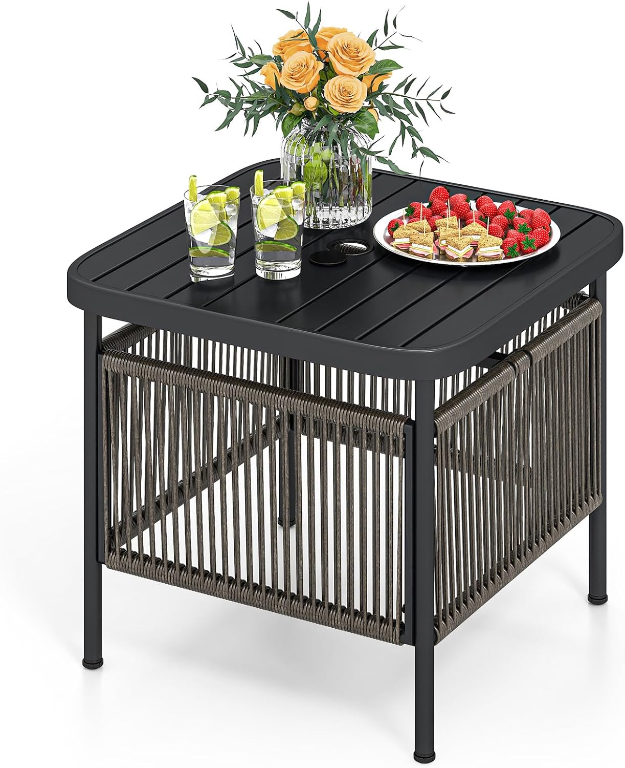 Stolik Ogrodowy z Otworem na Parasol 4 cm, Kwadratowy Stolik Ogrodowy z Rattanu PE, Metalowy Regał z Listwami, Zaokrąglone Rogi, 56 x 56 x 49 cm