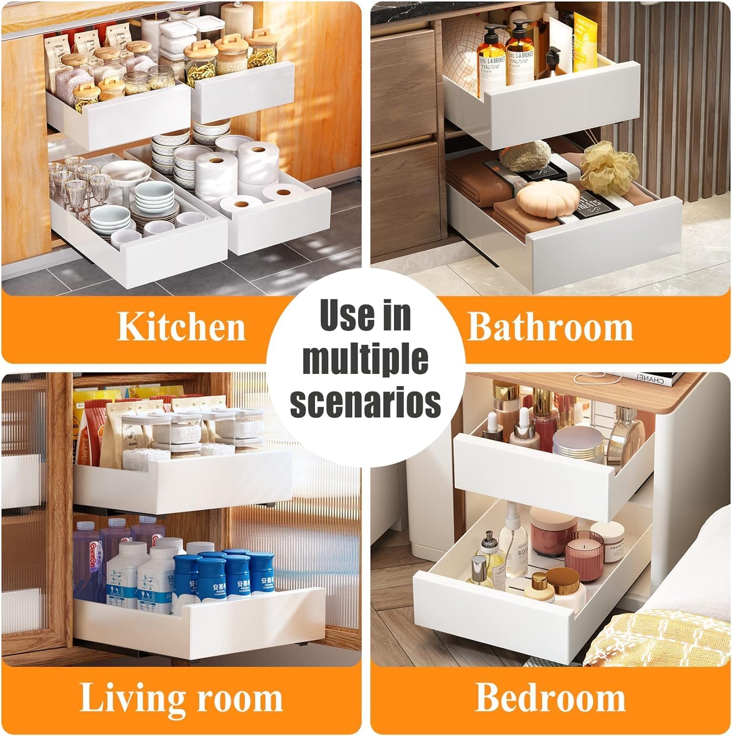 Tiroir télescopique extensible pour armoire de cuisine, organiseur d'armoire de cuisine,organiseur de cabinet à tirer,blanc,31-52 cmL x 43cmPx7,5cm H - 6