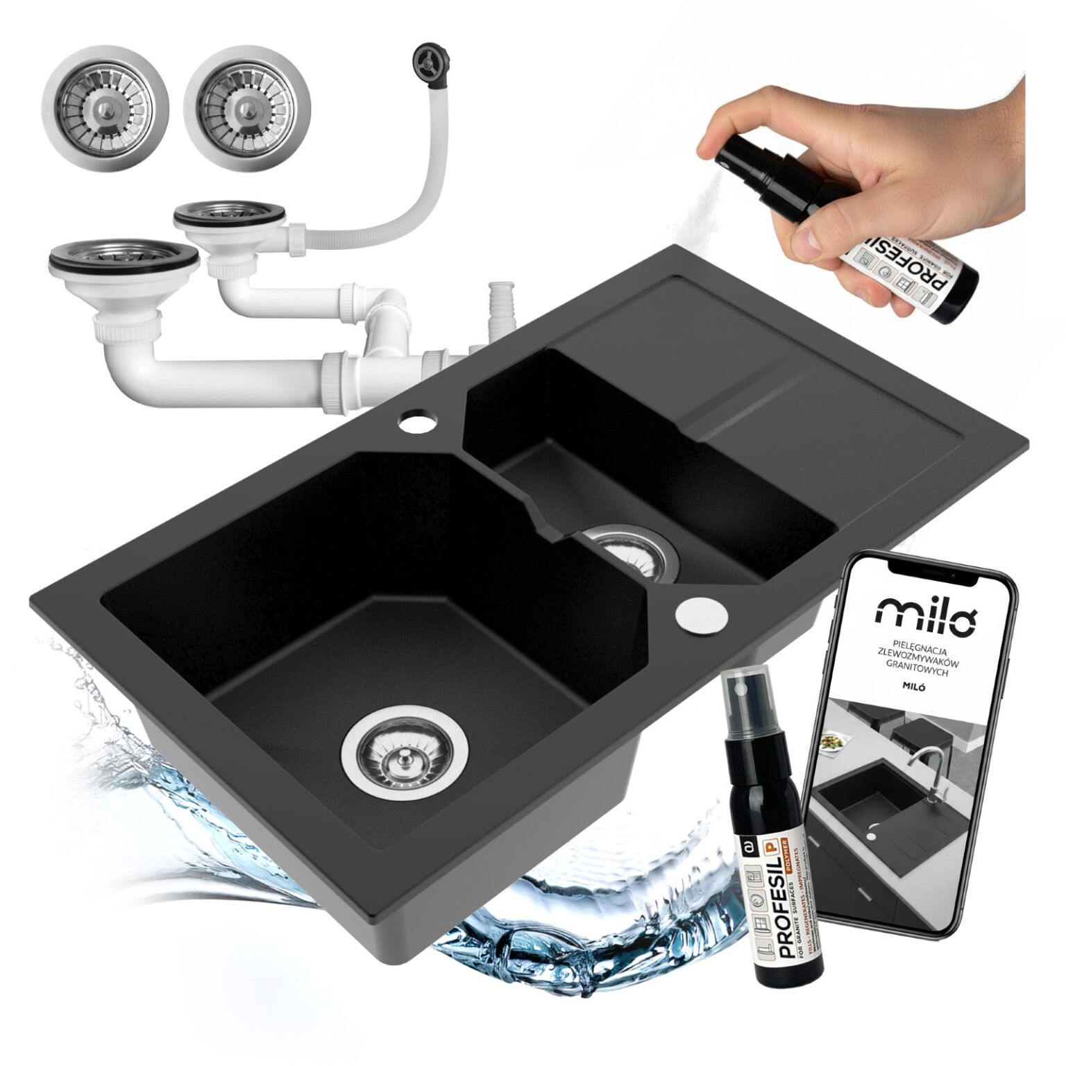 Zlewozmywak półtorakomorowy z ociekaczem Kenzo czarny w zestawie z syfonem przyściennym