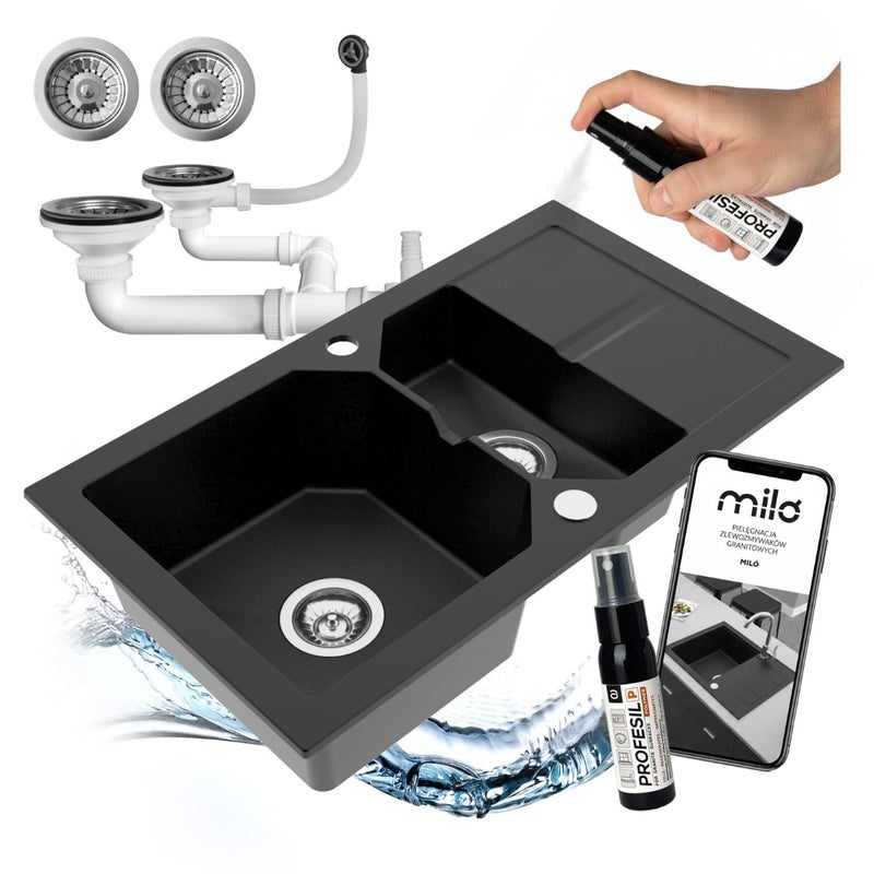 Zlewozmywak półtorakomorowy z ociekaczem Kenzo czarny w zestawie z syfonem przyściennym