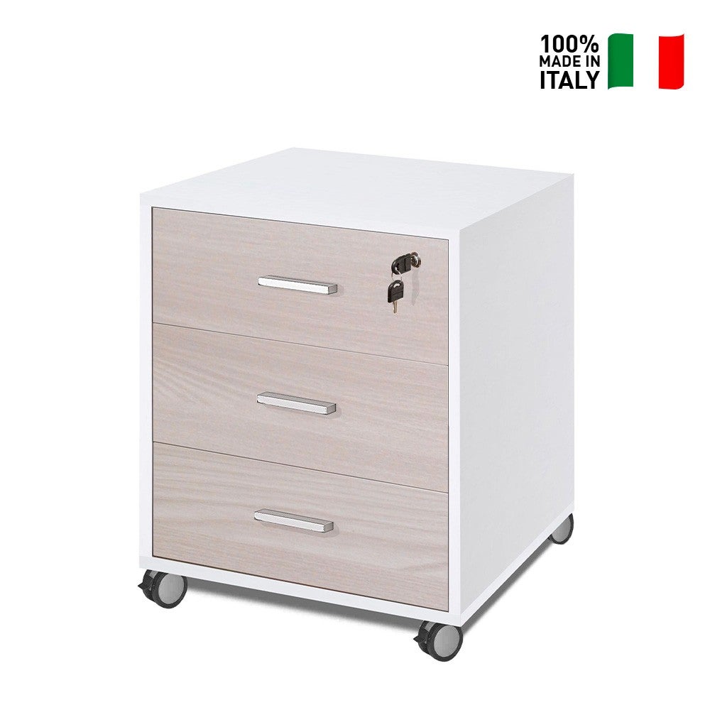 Sarmog Armoire 3 tiroirs à roulettes Quadrante collection Blanc Flammé et façade Orme Clair - 7