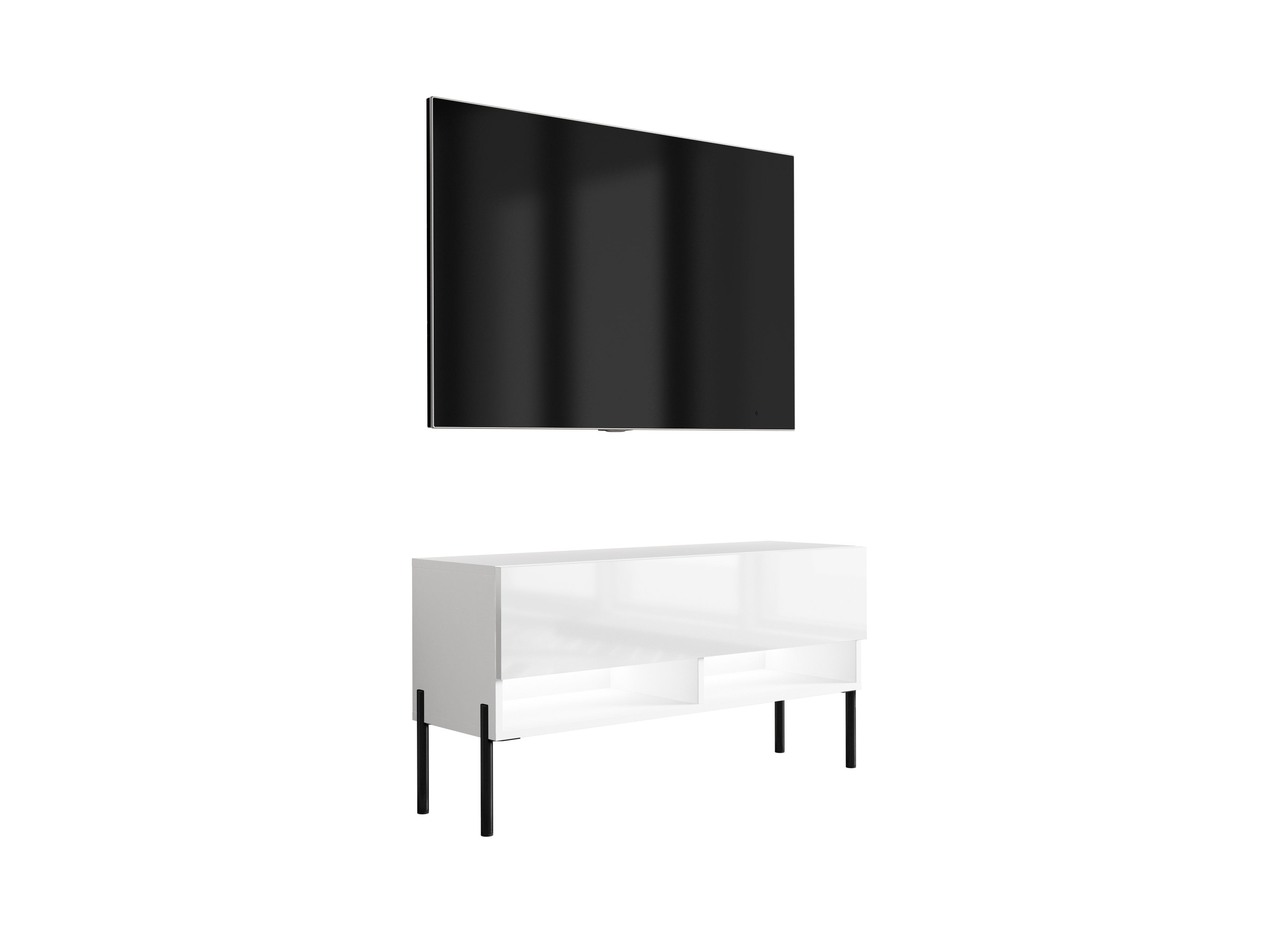 Szafka RTV : Biały Mat / Biały Połysk, nóżki proste czarne, LED biały, 100 × 32 × 52 cm