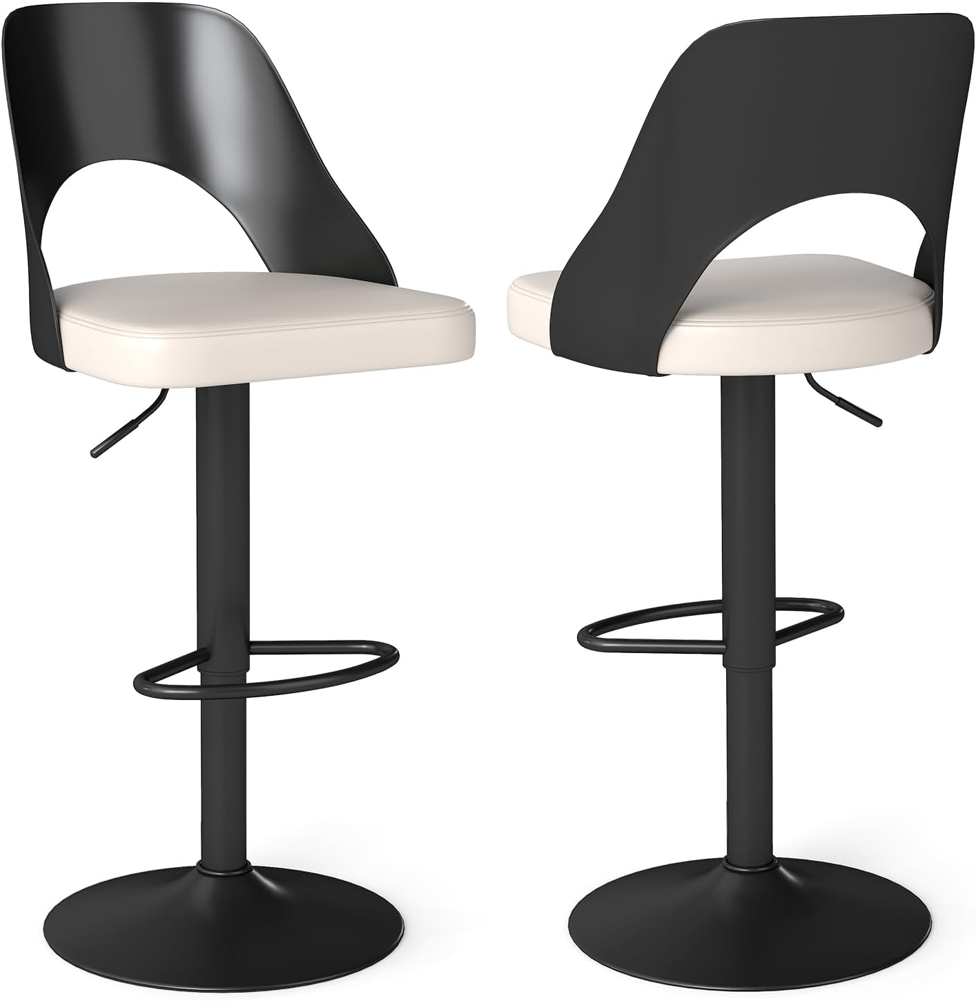 Juego de 2 Taburetes de Bar Giratorios, Sillas Ergonómicas con Respaldo, Reposapiés y Asiento con Altura Ajustable 63-83 cm (Blanco+Negro) - 7