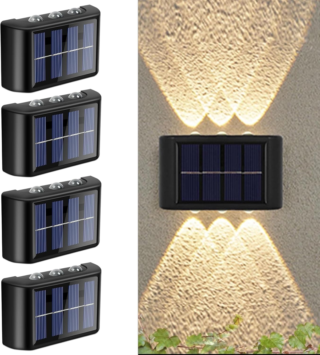 Zestaw 4 regulowanych, solarnych lamp ściennych do użytku na zewnątrz, solarnych lamp ściennych z oświetleniem góra-dół, wodoodporna lampa ścienna LED