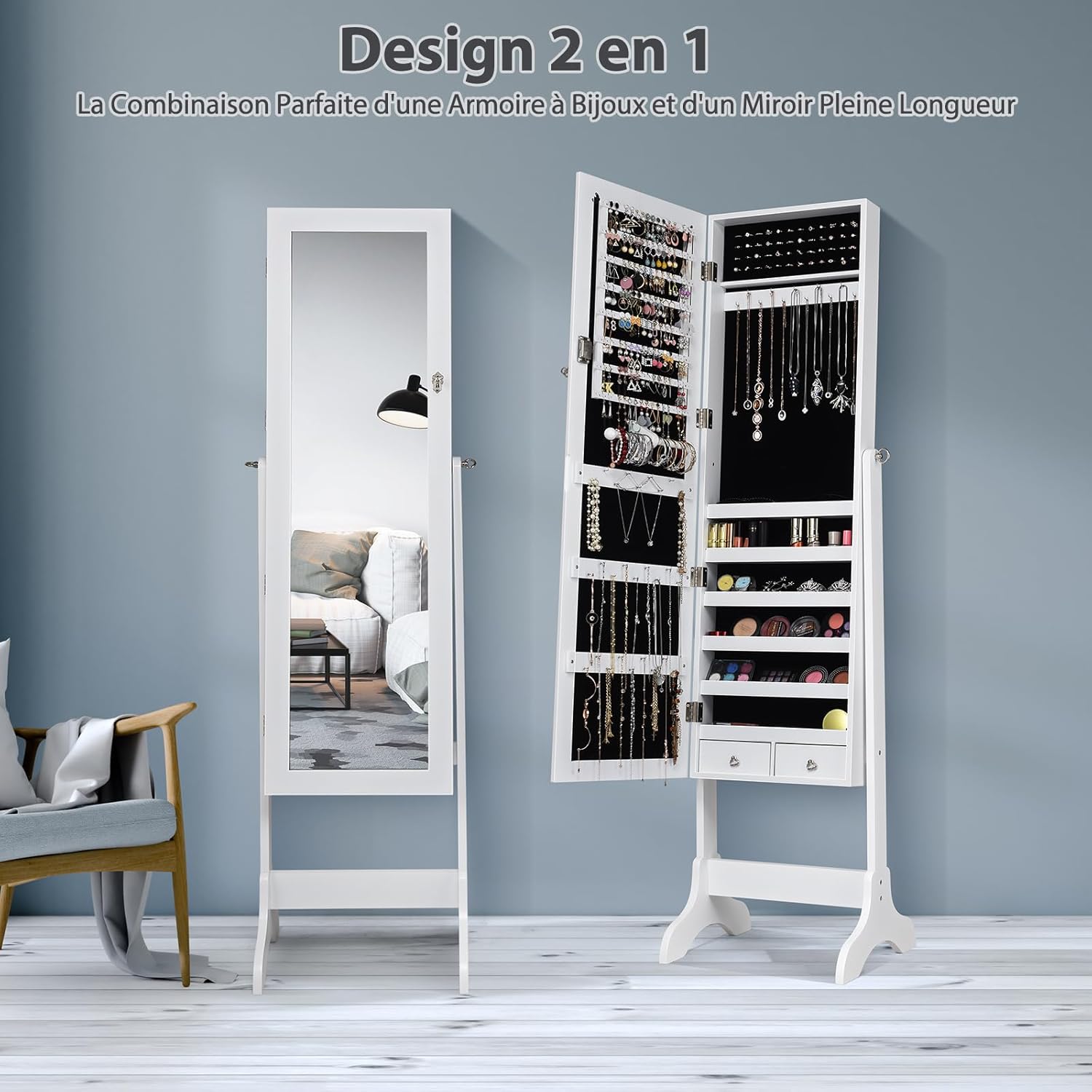 Armoire a Bijoux sur Pied avec Miroir Inclinable en 4 Positions, Armoire de Rangement Cosmetiques Verrouillable de Grande Capacite avec 6 Etageres - 2