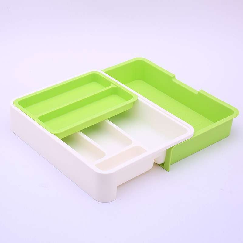 Pojemnik na sztućce, 7 przegródek, wys. x szer. x głęb. 6 x 23,5 x 31,5 cm, rozsuwany, zielony, na sztućce i przybory kuchenne, plastik