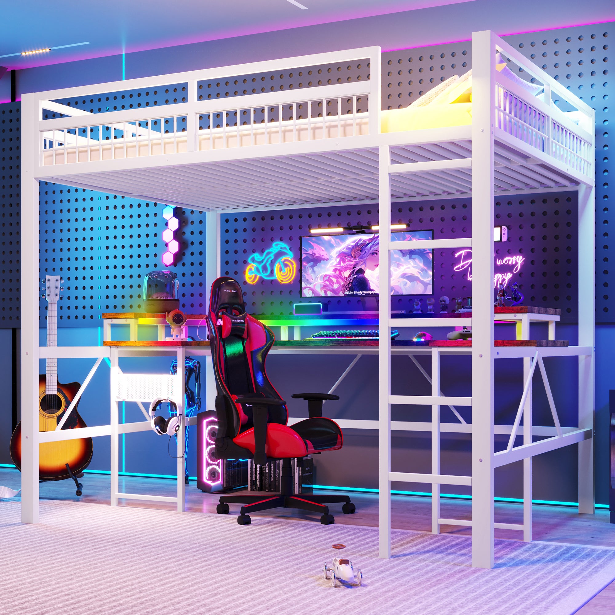 Łóżko Piętrowe 140x200cm Białe, Metalowa Rama z Biurkiem, Zmieniająca Kolor Taśma LED Sterowana Aplikacją, 1 USB + 1 Typ-C i 2 Gniazdka, Bez Materaca