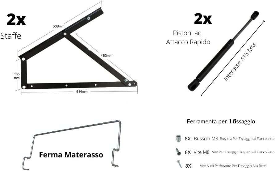 Modello 1 piazza e 1/2 - Kit Alza Rete Sollevamento per Letto Contenitore - Kit Completo: Trapezi, Pistoni, Ferma Materasso, Ferramenta - 2