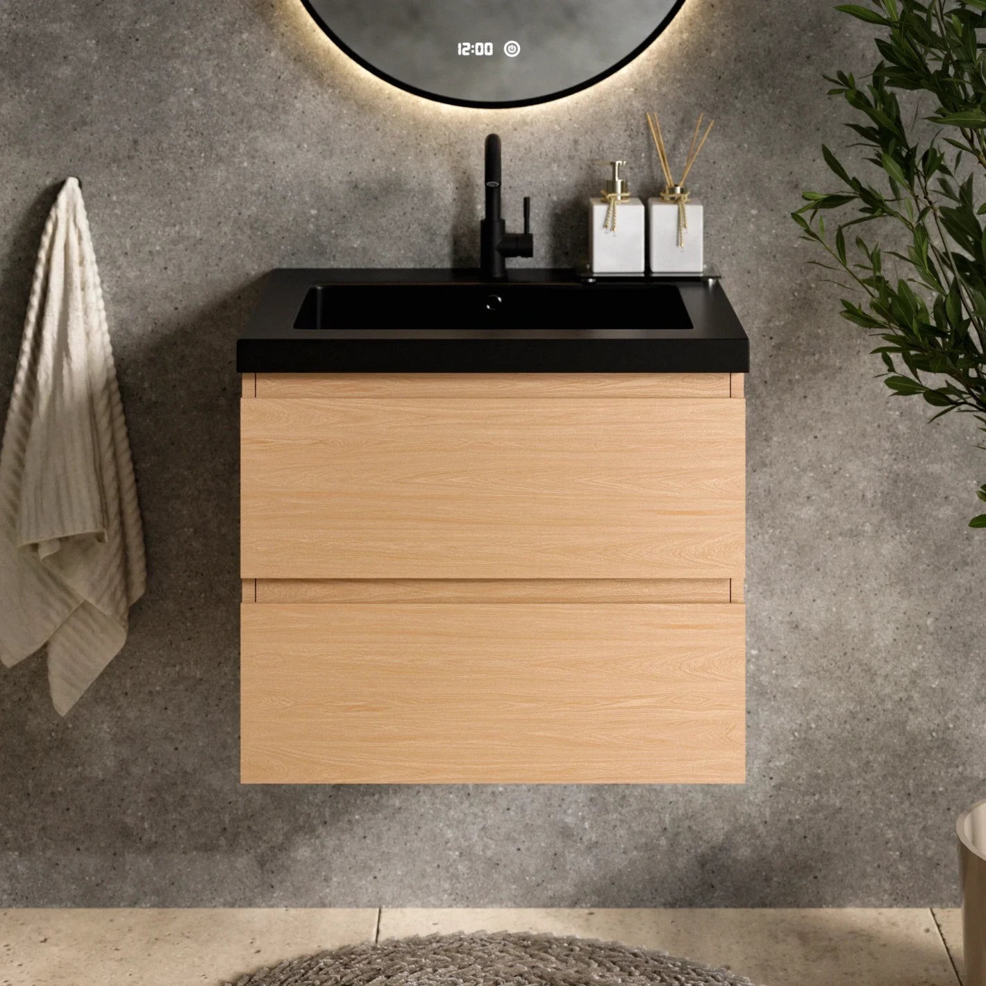 Mirlux Meuble vasque Karo - 60 cm - Chêne clair - Vasque noire - 2
