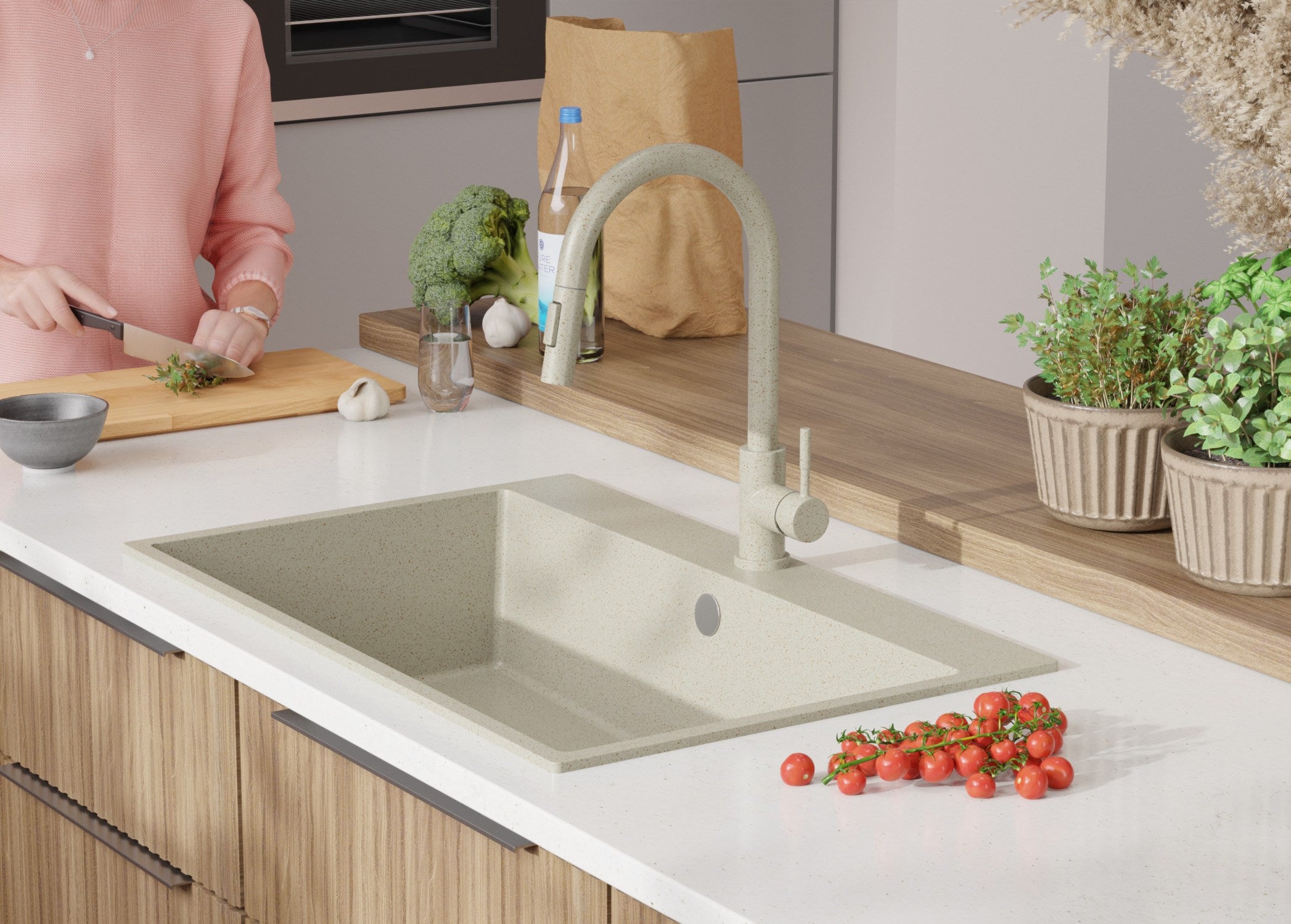 Evier Cuisine en Granit Beige 78x50cm, Lavabo 1 bac + Kit de Vidage, Évier à Encastrer au meuble 80cm - Riga PRIMAGRAN - 8