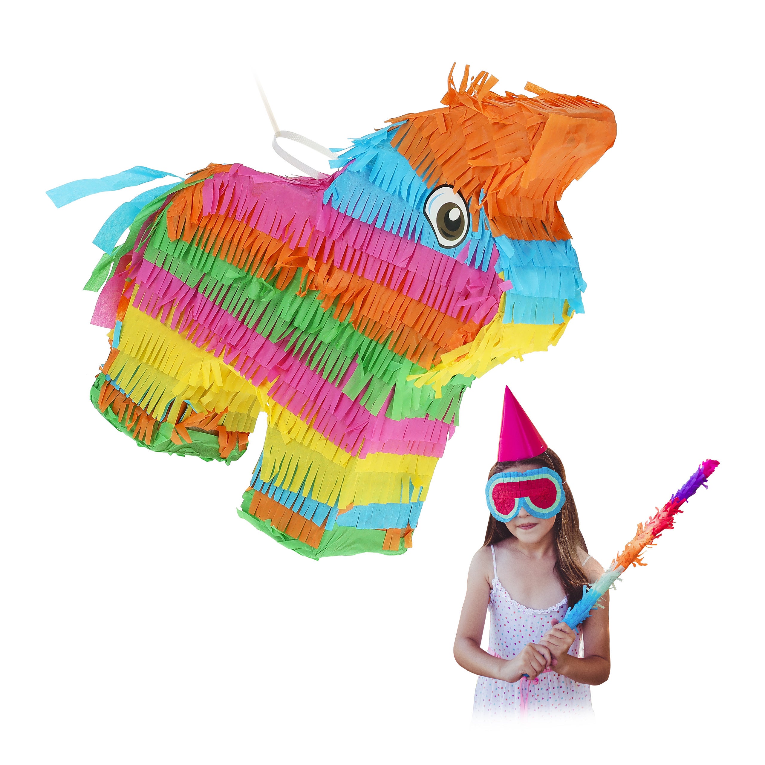 Relaxdays piñata burro, juego fiesta cumpleaños, colgar, dulces, niños y niñas, 27,5x25x7 cm, arcoíris, multicolor