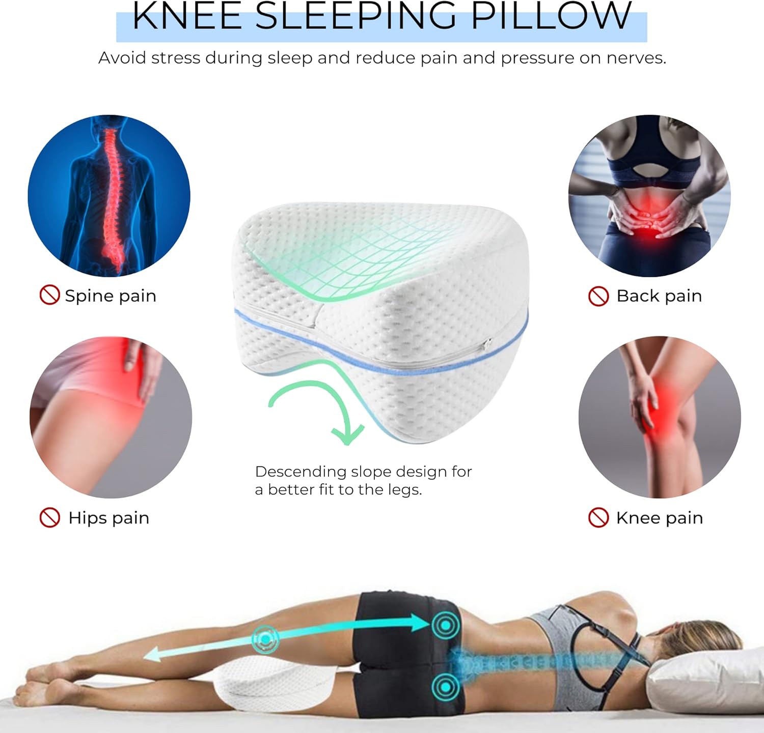2x Oreiller Jambes Orthopédique. Coussin Ergonomique Releve-Jambes. Coussin Genoux pour Dormir Sur le côté avec Memoire Forme pour Soulagement de Dou - 2