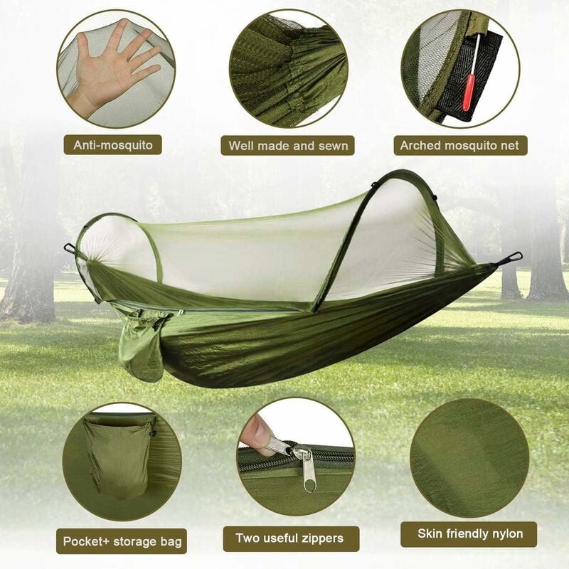 Hamac Camping Avec Moustiquaire 180° - Nylon Parachute 300 Kg, 270x140 Cm, Sangles 3m + Mousquetons, Poche Intégrée, Ultraléger, Pour Jardin, Plage, Rando