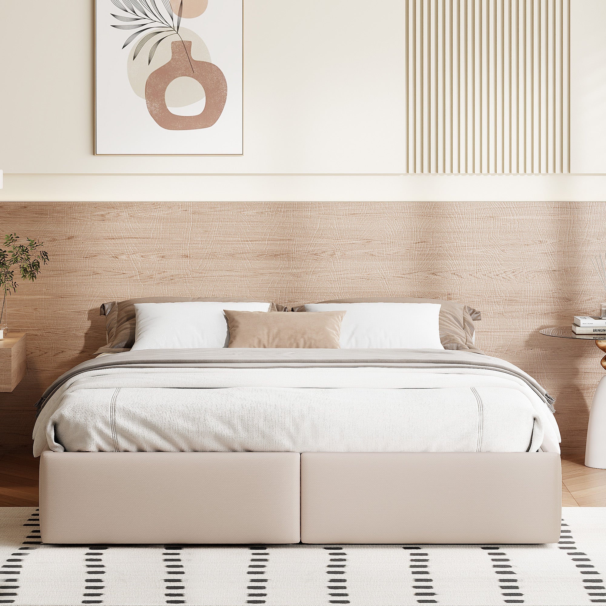 Cama canapé 160x200 cm con sistema hidráulico, 2 cajones, somier de láminas, estructura de metal, tapizada en lino - Beige - 2