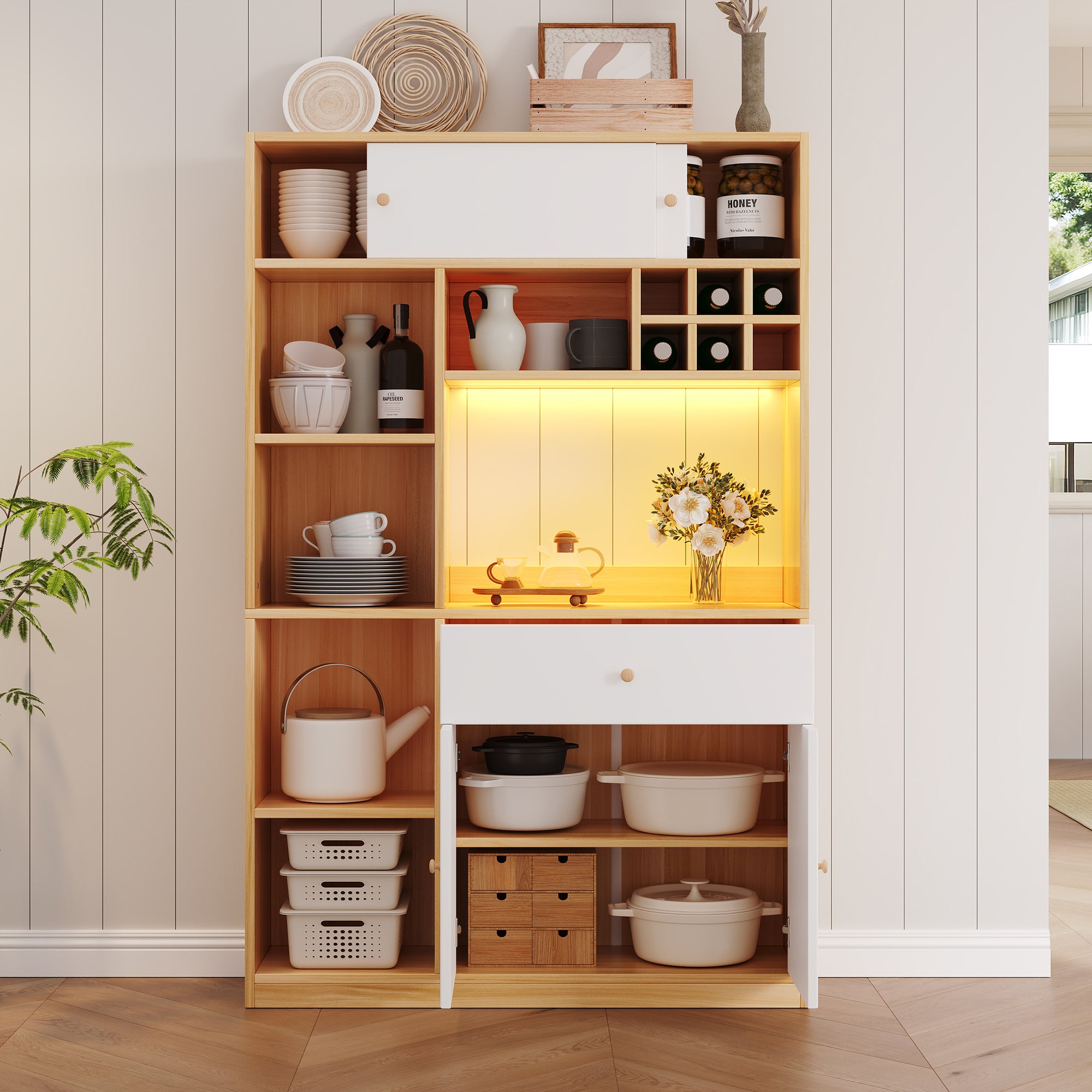 Kredens kuchenny z 4 drzwiami, 1 szufladą, regałem na wino i półkami - 115 x 35 x 180 cm - diody LED - Płyta wiórowa - Biały + naturalny - 4