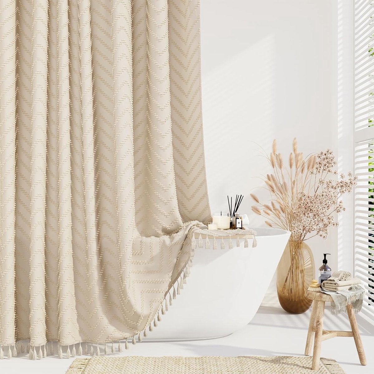 Perdea de duș din material textil cu dungi și ciucuri, perdea de duș minimalistă din material textil hidrofug cu cârlige, bej, 183x213 cm