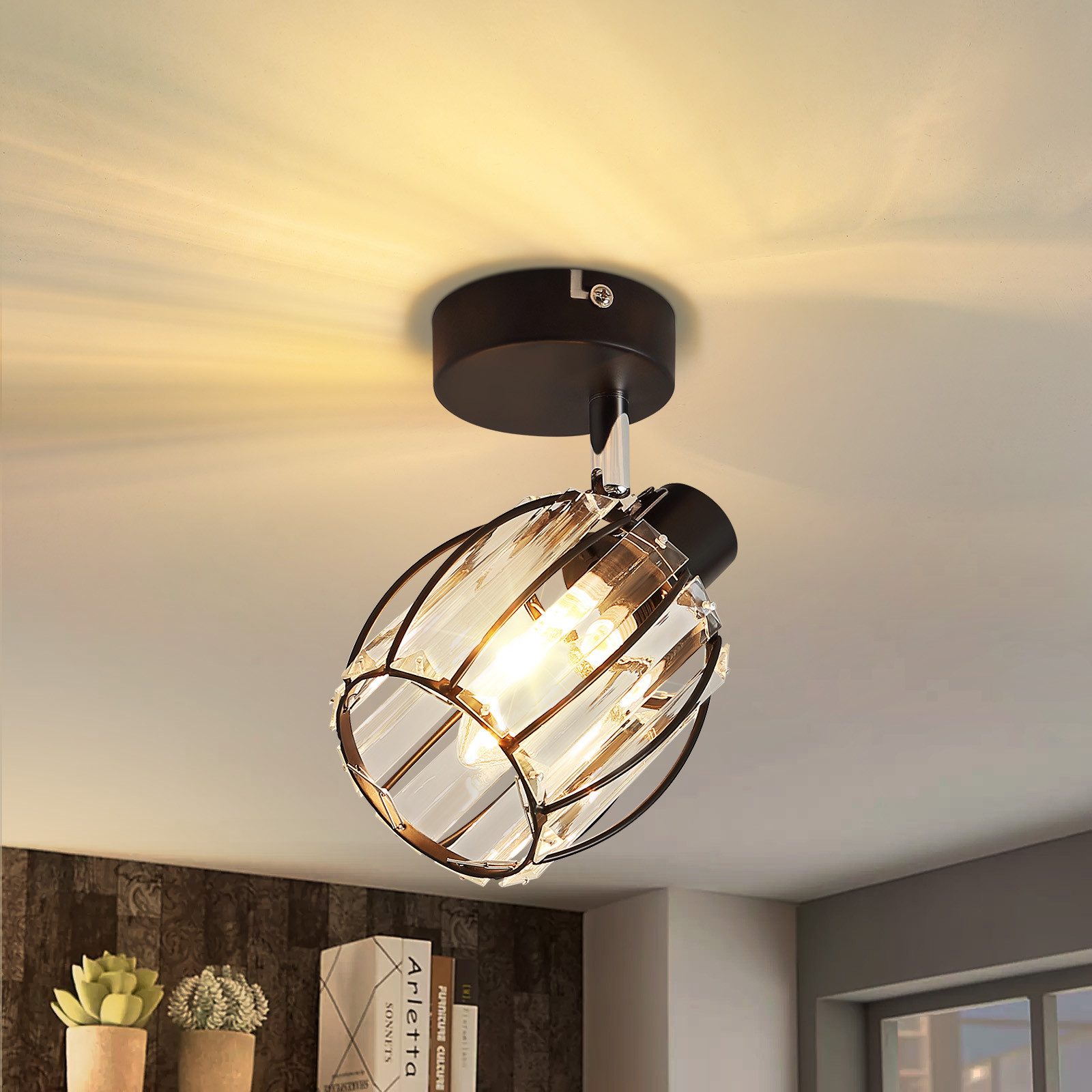 NETTLIFE Vintage Black Crystal Ceiling Spot E14 do korytarza, regulowany w zakresie 350°, styl industrialny, wymienny