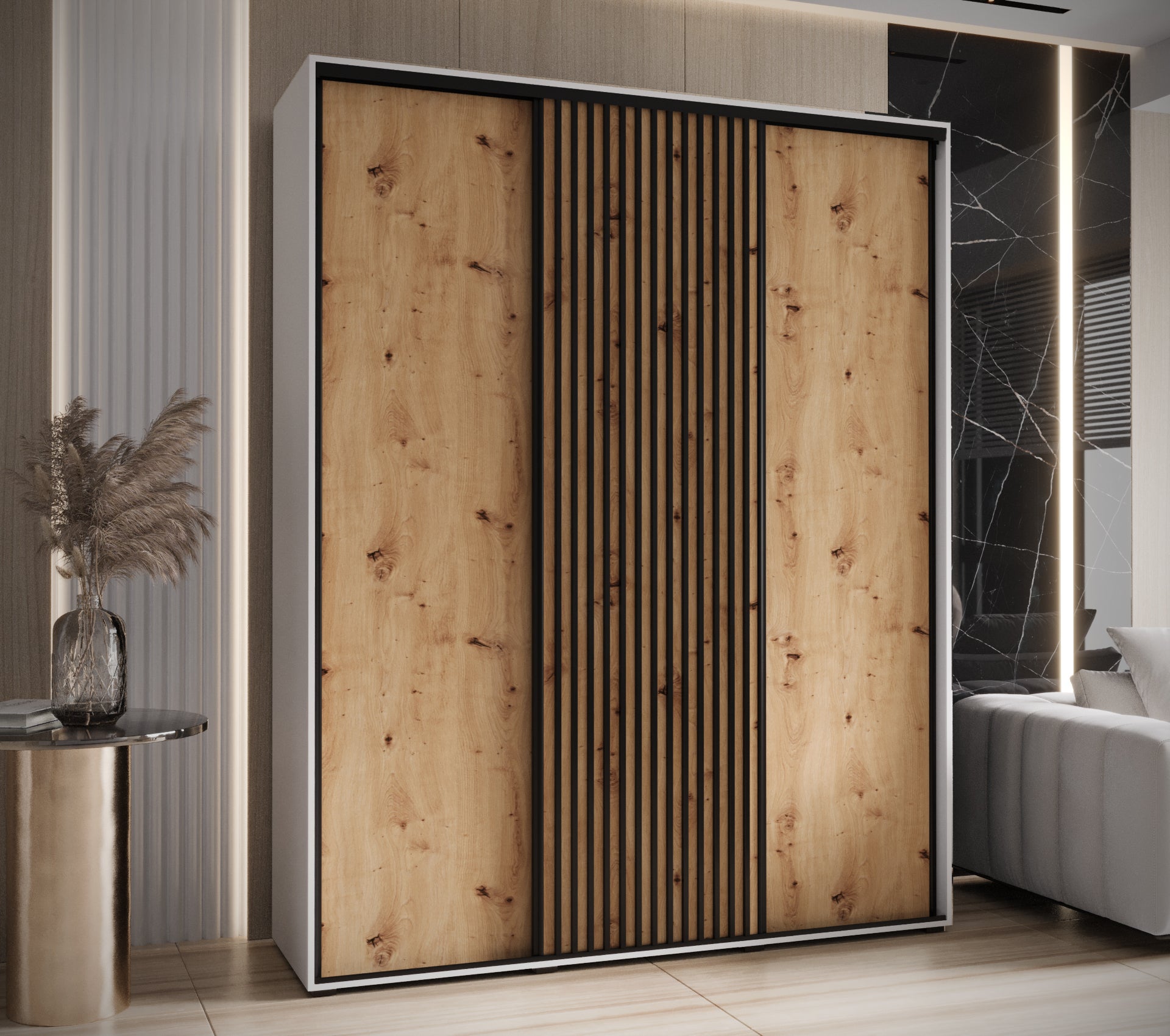 Szafa przesuwna wysoka Lanko 1 190 x 45 x 235,2 cm biały + artisan + lamele czarny - Abiks Meble - 2