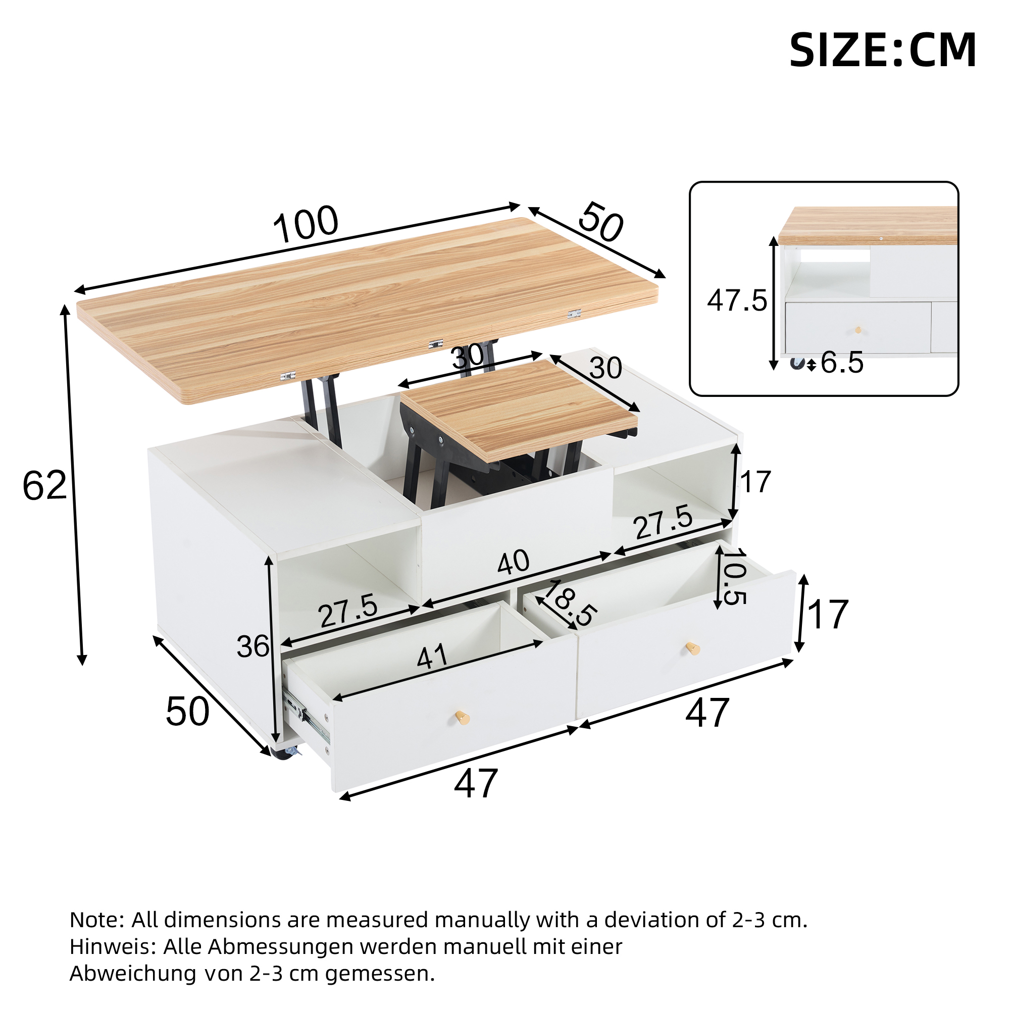 Table basse relevable mobile avec 4 tiroirs et 2 compartiments - 100 x 50 x 47,5 cm - MDF - Blanc + naturel - 4