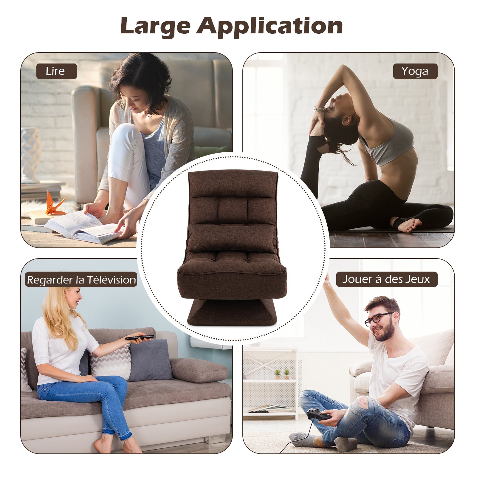 Chaise de Sol Pliable Réglable à 5 Positions,Fauteuil de Salon pour Méditer,Lire,se Reposer(Marron) - 7