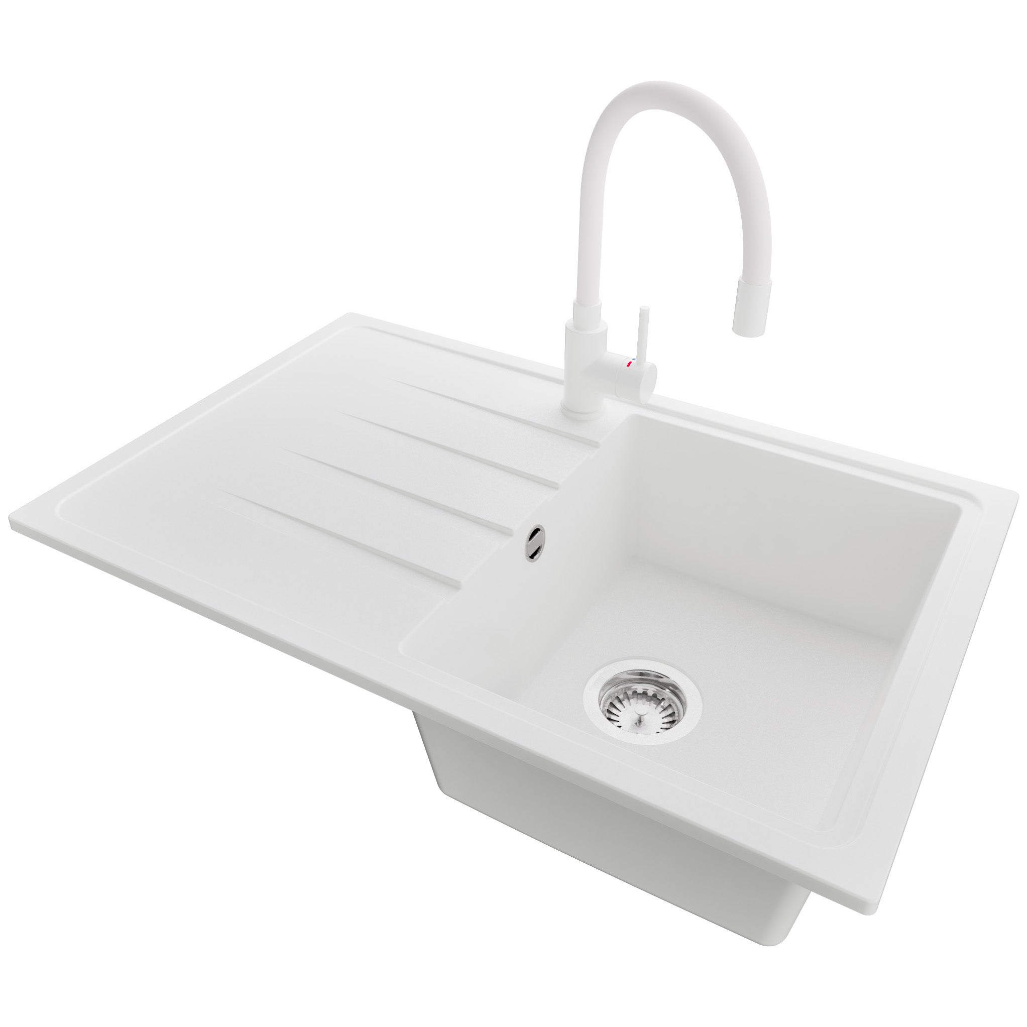 Zlewozmywak Granitowy Biały 78x50cm, Zlew Kuchenny 1 Komorowy + Bateria 38x14cm + Syfon, Nablatowy do szafki od 45cm - Mediolan PRIMAGRAN
