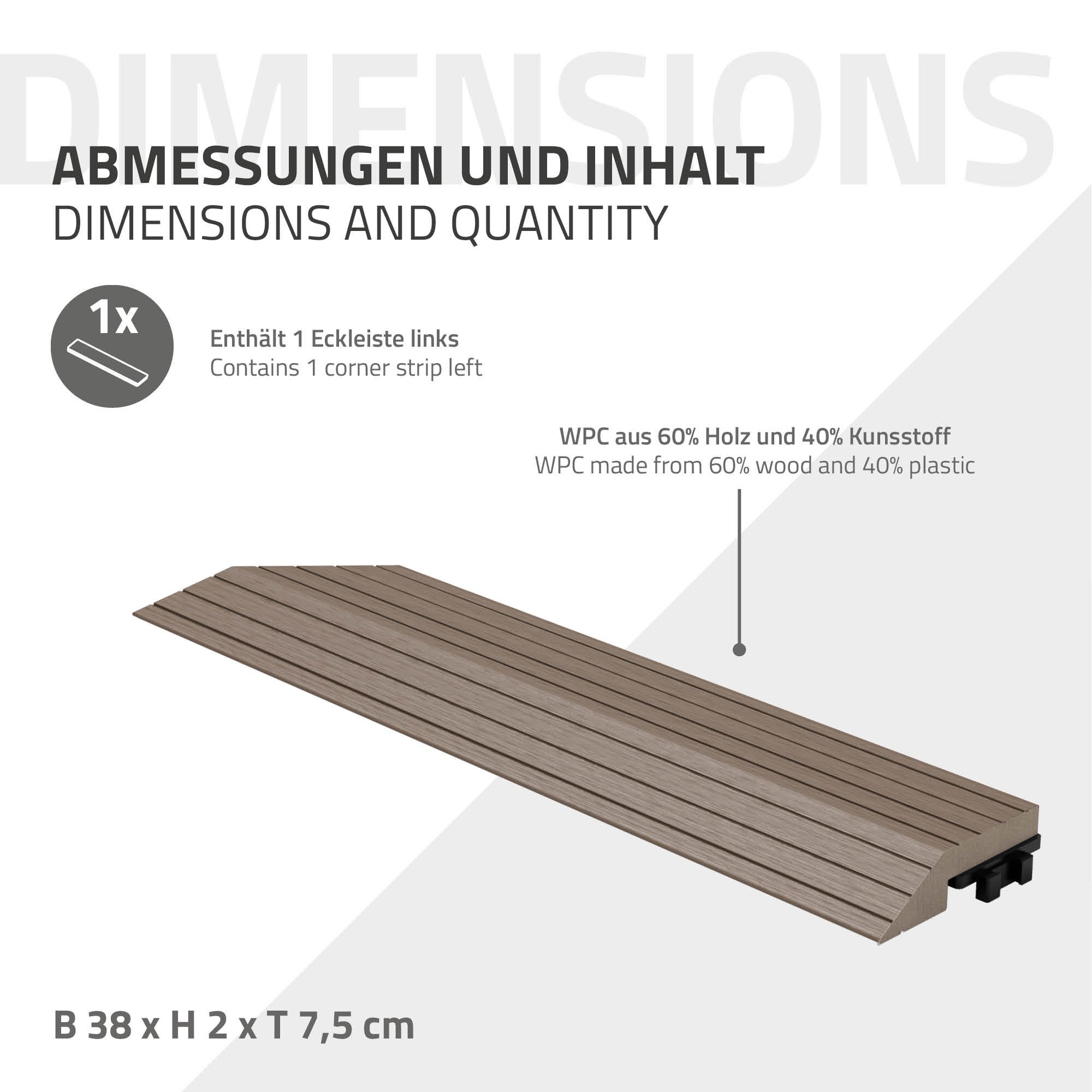 ML-Design listwa narożna lewa wpc ciemnobrązowa 38x2x7,5 cm profil drewnopodobny ryflowany z odpływem wzmocniona baza system klik obróbka krawędzi - 6