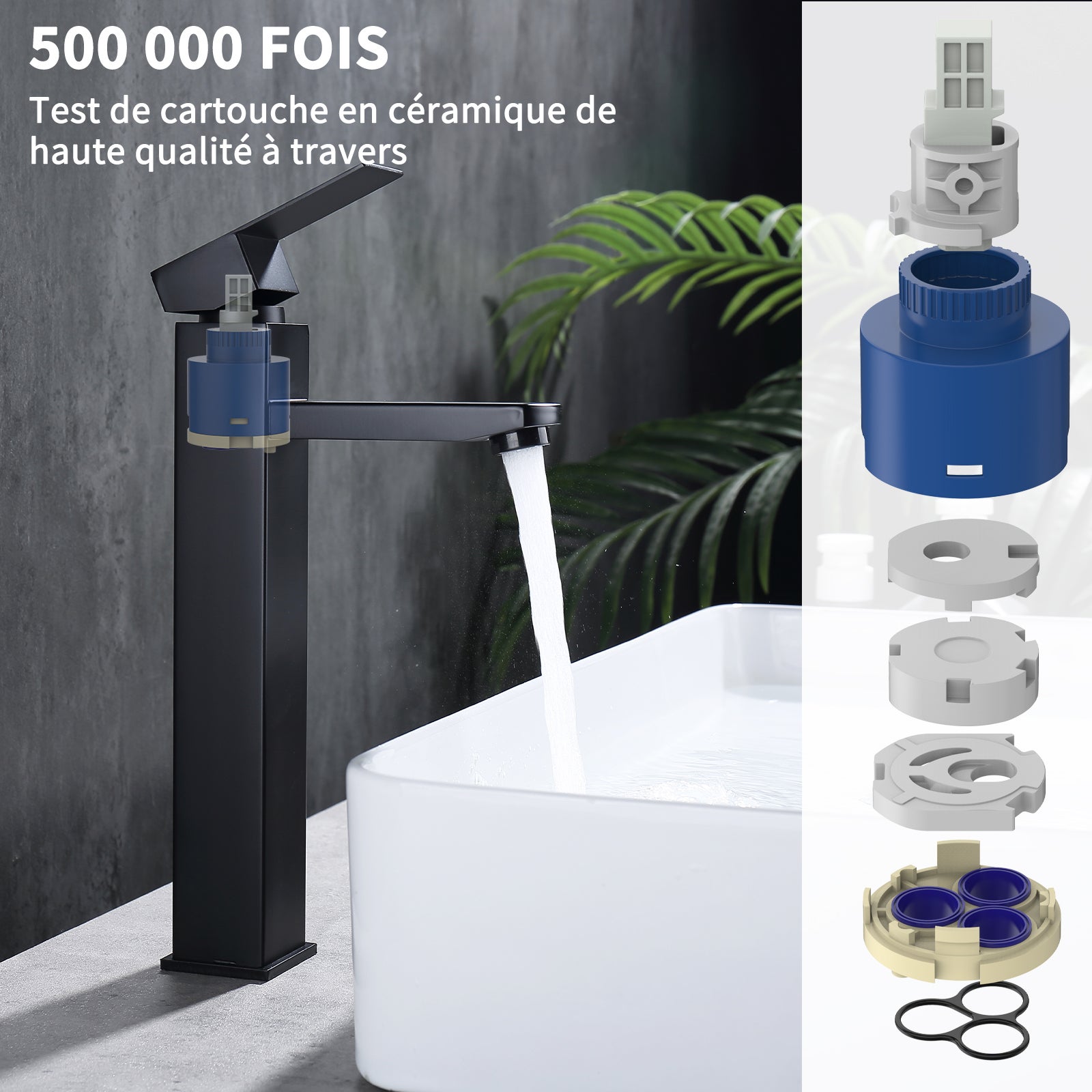Grifo de baño negro, mezclador de baño alto para lavabo, grifo de lavabo con mango cuadrado, diseño moderno - 6