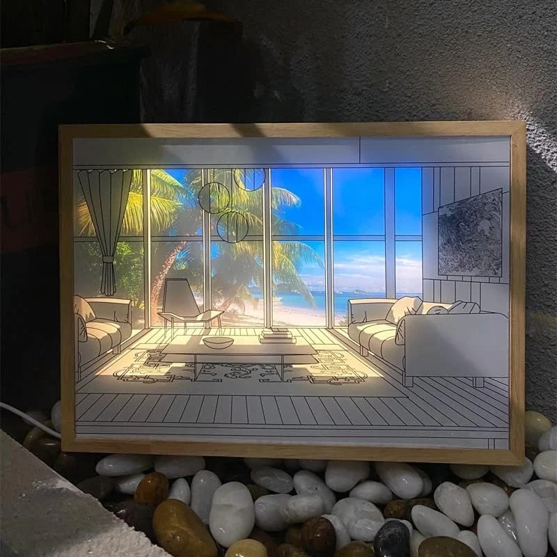 Dekoracyjna lampa ścienna LED, dotykowa lampka nocna, świetlna rama do salonu i sypialni, dekoracja ścienna, 32*23 cm, kolor morski