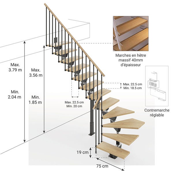 Vida - Escalier quart tournant (L Forme - 1/4 tournant) - Largeur 75 cm - 12 Marches - 2
