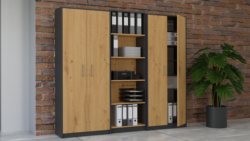 PARLA - Armoire moderne 6 étagères - 180x74x35cm - Meuble de rangement - Armoire bureau - Gris&Aspect bois - 8