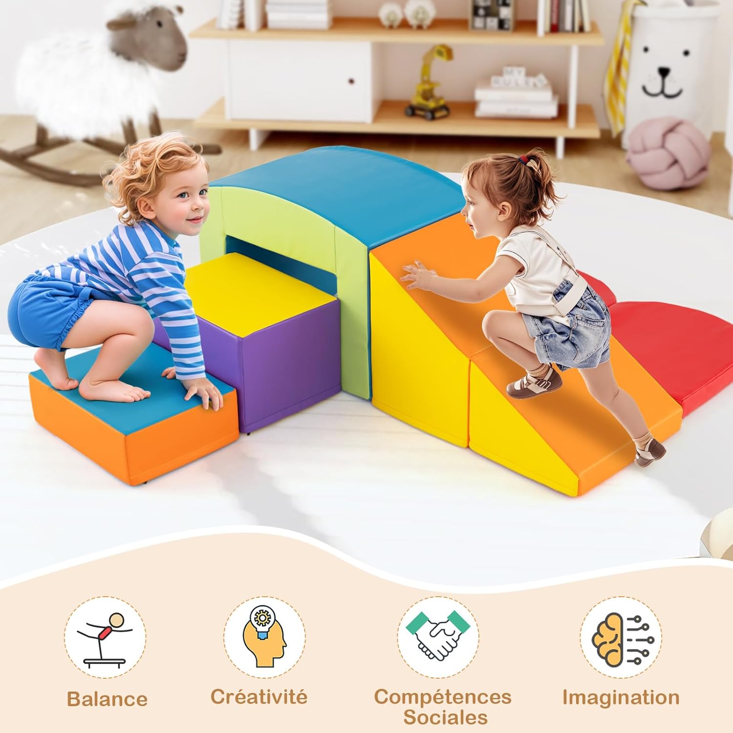 7 PCS Parcours de Motricité Bébé, Module Motricité en Mousse PU avec Remplissage en EPE,pour Enfants 12 Mois+ (Multicolore) - 4