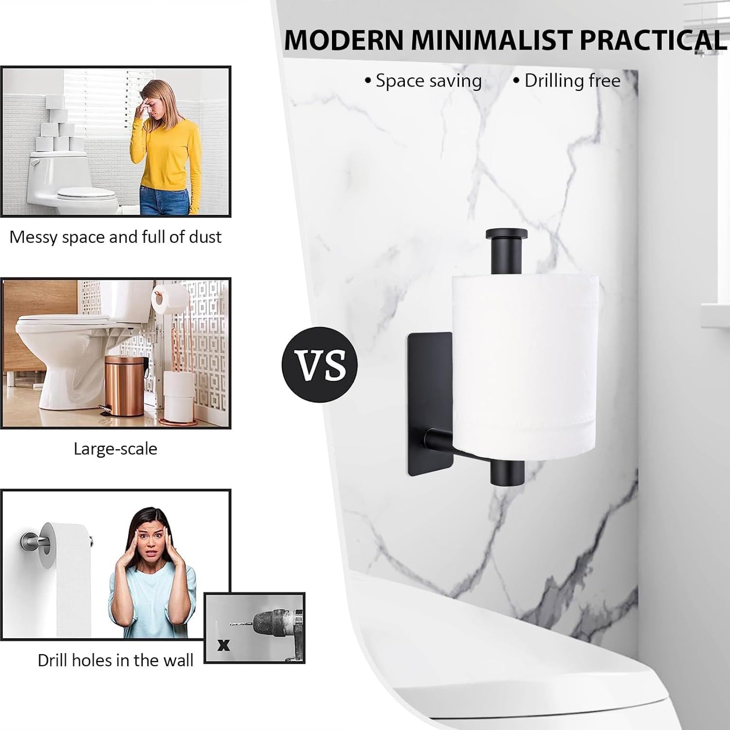 Uchwyt na papier toaletowy ze stali nierdzewnej, nie wymaga wiercenia, odpowiedni do łazienki i kuchni, czarny kwadrat - 5