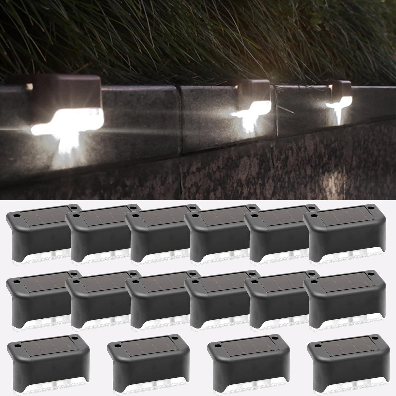 Zestaw 16 lamp solarnych zewnętrznych, oświetlenie schodów, wodoodporne oświetlenie LED (chłodna biel)