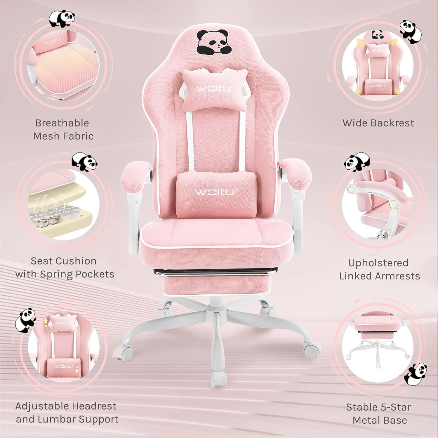 Chaise Gaming WOLTU, Fauteuil Gaming, avec Coussin à Ressorts Ensachés, Appui-tête, Support Lombaire, Repose-Pieds, Tissu Maille, Rose - 3