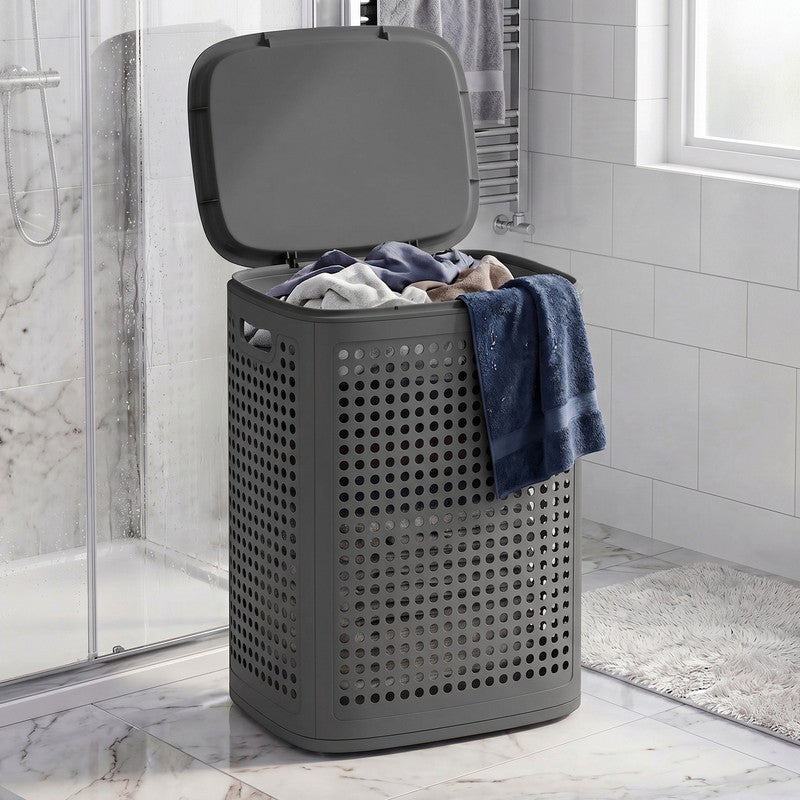 Panier à Linge en Plastique, Fin, Gain de Place, avec Couvercle, Buanderie, Salle de Bain, Chambre, Gris Foncé - 3
