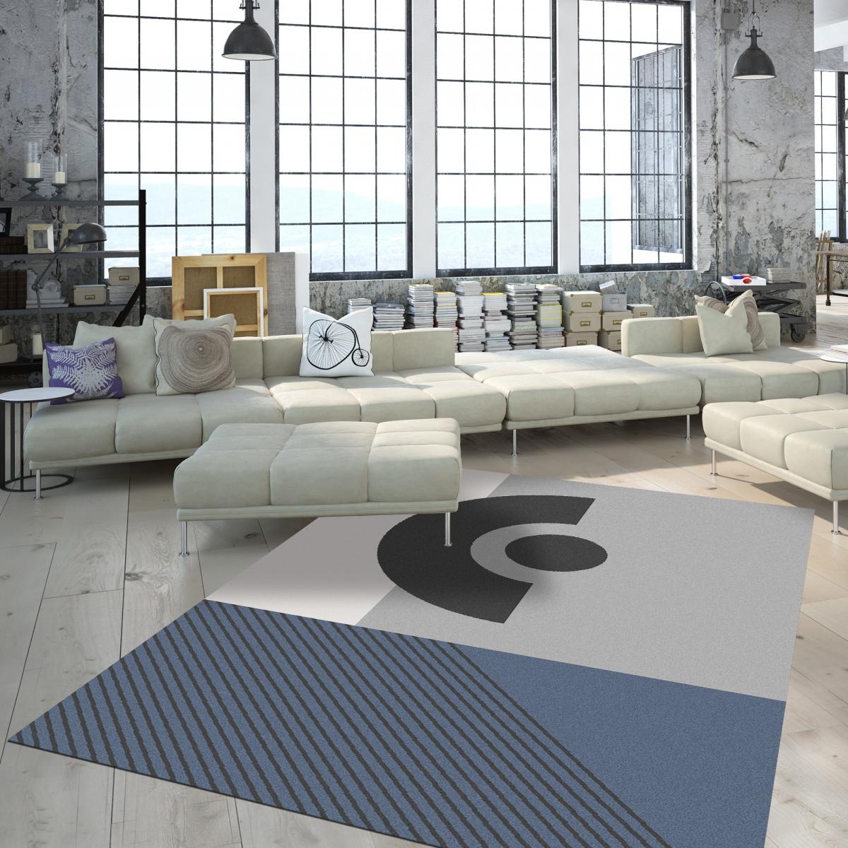 tapis chambre 120x160 tissé gris et bleu rectangle motif géométrique ELAK - 5