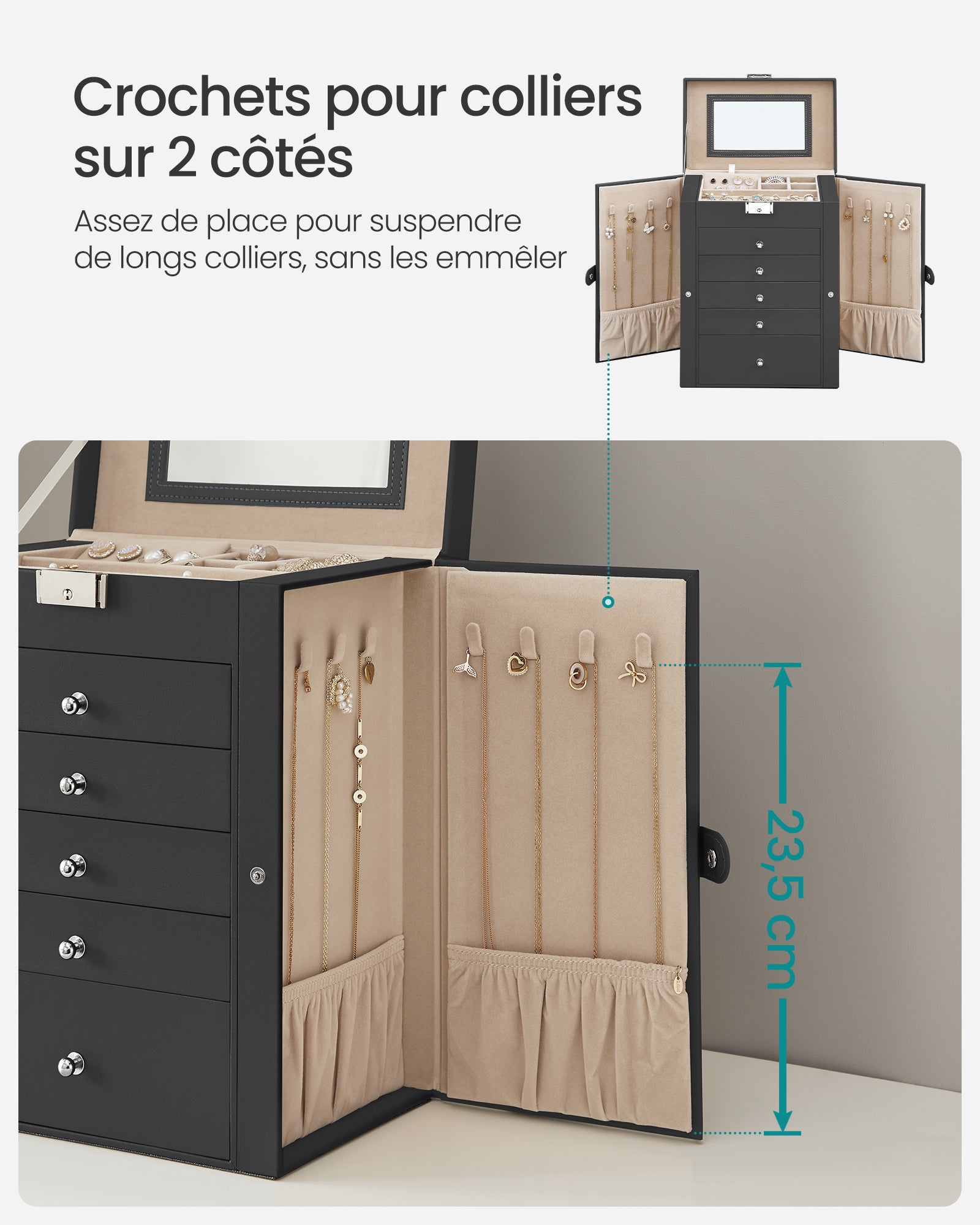 Boîte à Bijoux, Coffre à Bijoux, Grand, 6 Niveaux avec Ailes, tiroirs, Miroir et Fermoir, pour Bracelets, Boucles d'oreilles, bagues, Colliers, Noir - 3