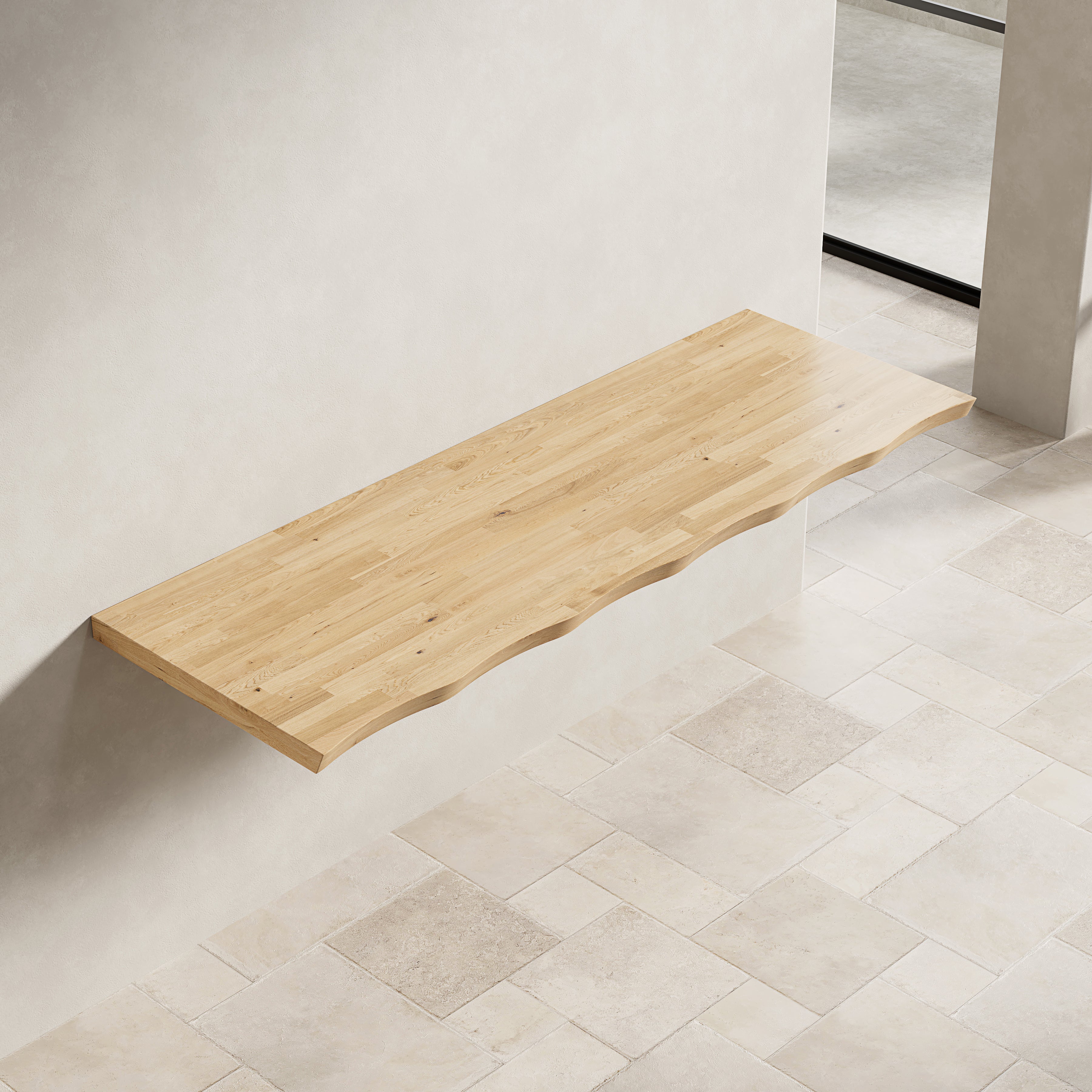 Plan de travail en bois massif 140 cm pour meuble vasque, bords ondulés, sans perçage ni supports - 3