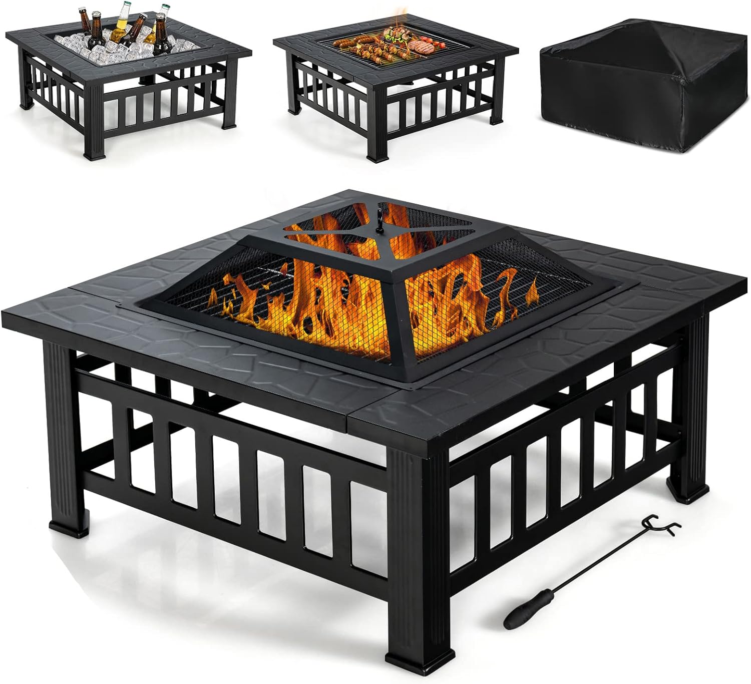 Brasero exterior jardin 3 en 1, brasero cuadrado de hierro con parachispas, póker largo, rejilla para barbacoa, rejilla para leña, mesa chimenea para