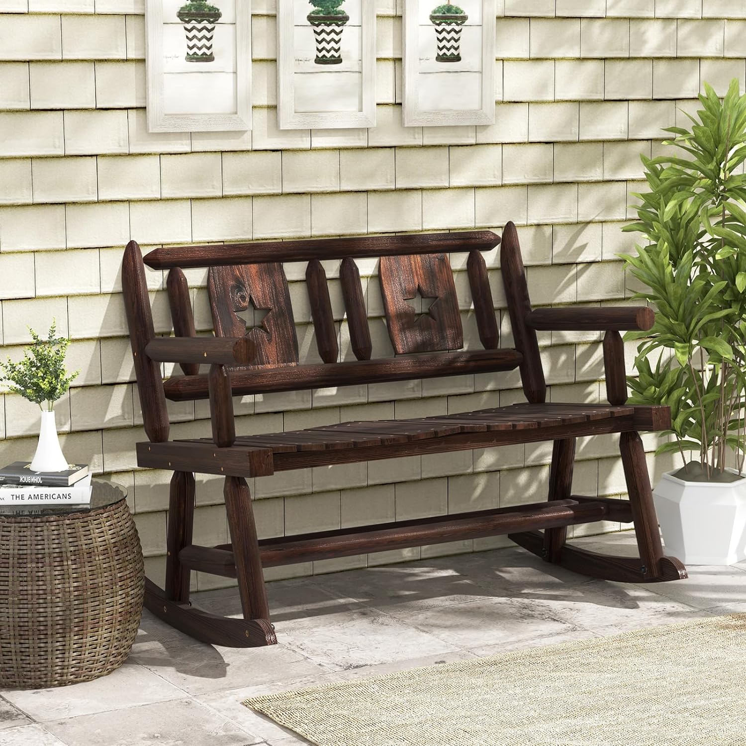 Panca a Dondolo da Giardino, Sedia a Dondolo in Legno con Seduta Ergonomica, Doppia Poltrona a Dondolo in Legno Massiccio per Esterno, Portico - 2