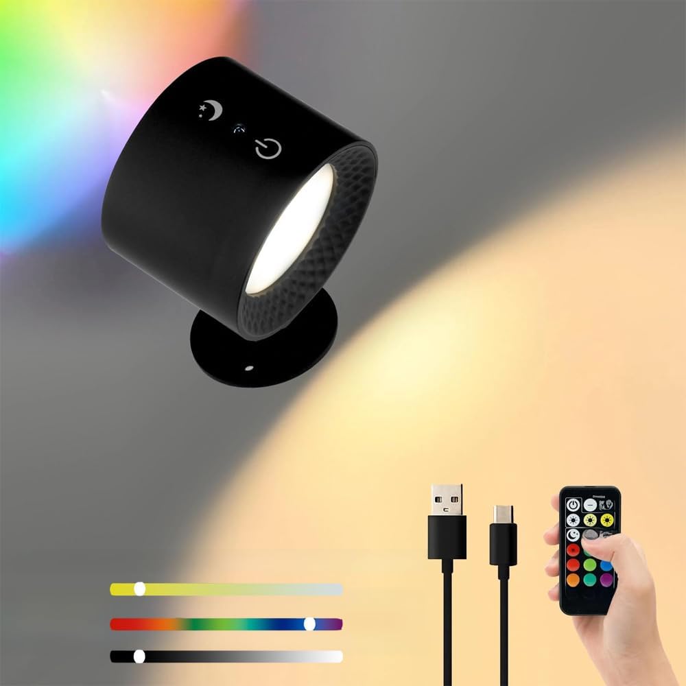 Lampa ścienna ładowana przez USB, obrót o 360°, oświetlenie dwustronne, 3 temperatury barwowe RGB (czarna, 1 szt.)