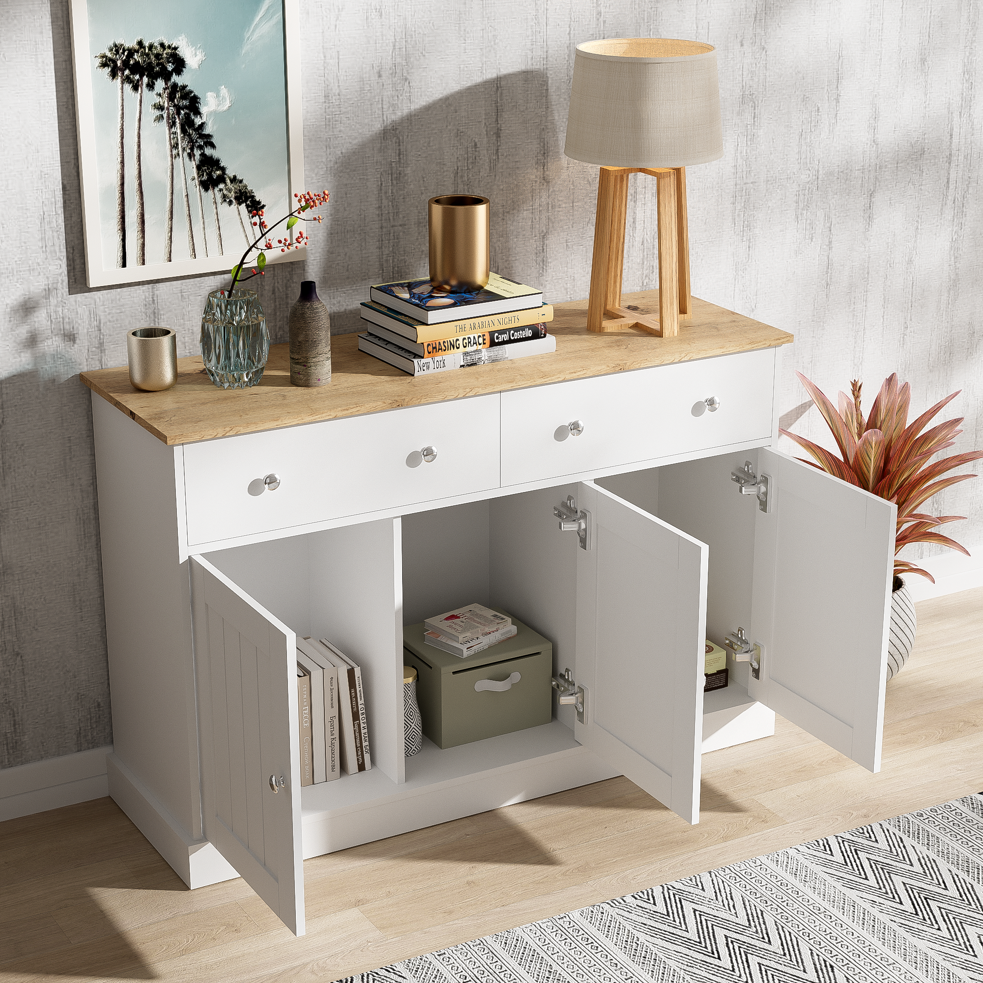 Buffet bas en panneau de particules - 3 portes & 2 tiroirs - Blanc - 7