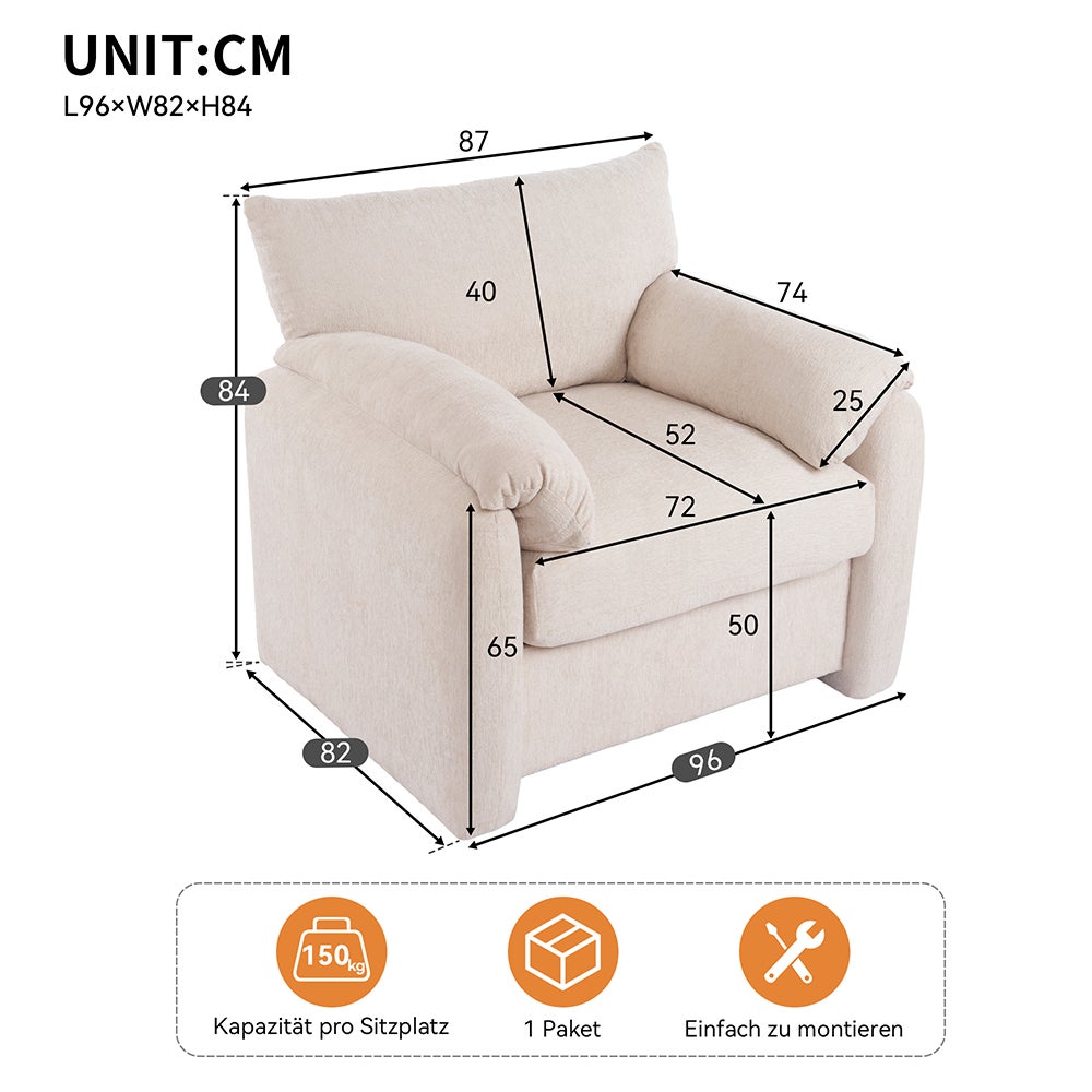 Design moderne, tissu chenille, fauteuil surdimensionné, chaise décorative, canapé simple, beige - 3