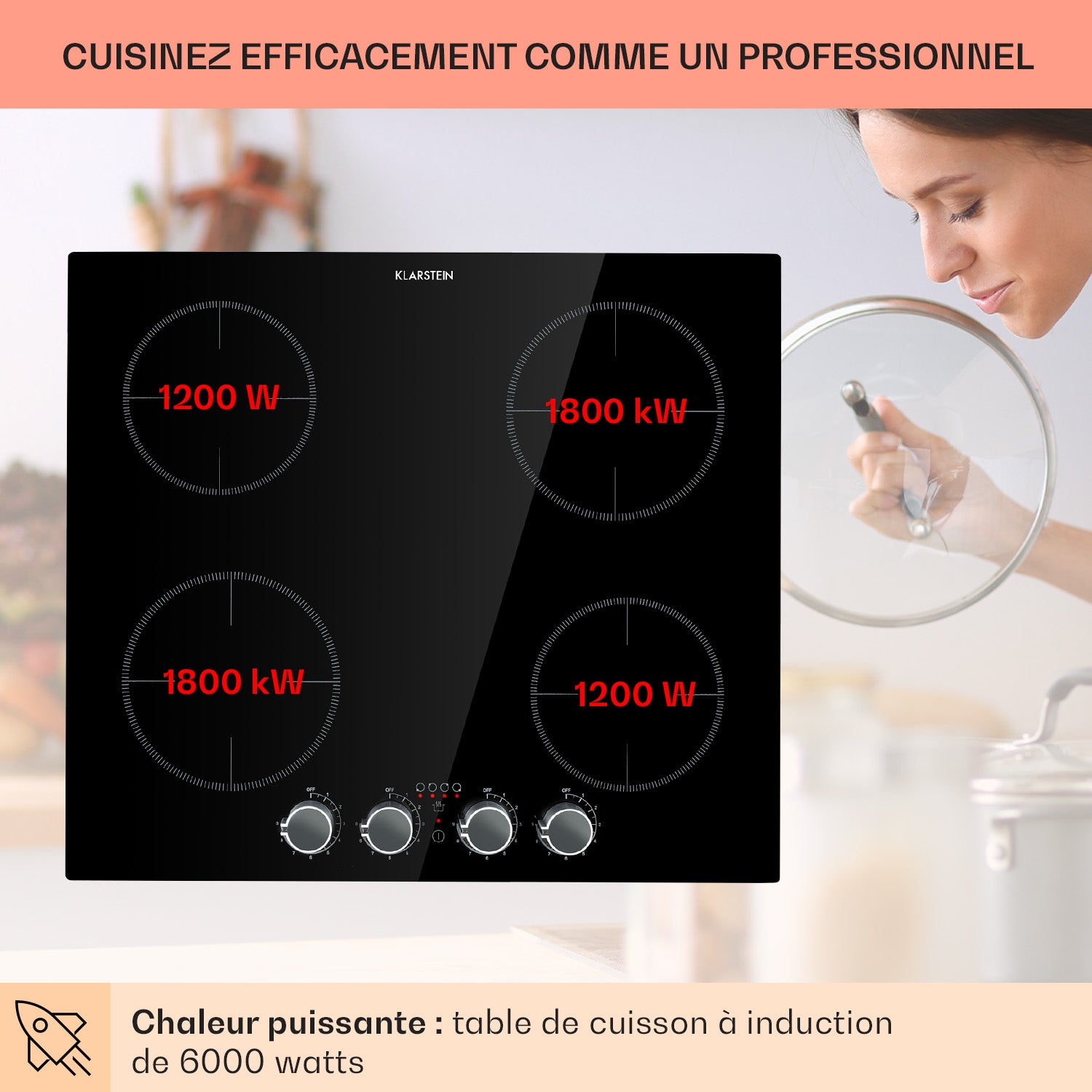 Klarstein Kochheld Plaque de cuisson à induction double 6000W réglage avec bouton rotatif verre Noir - 3