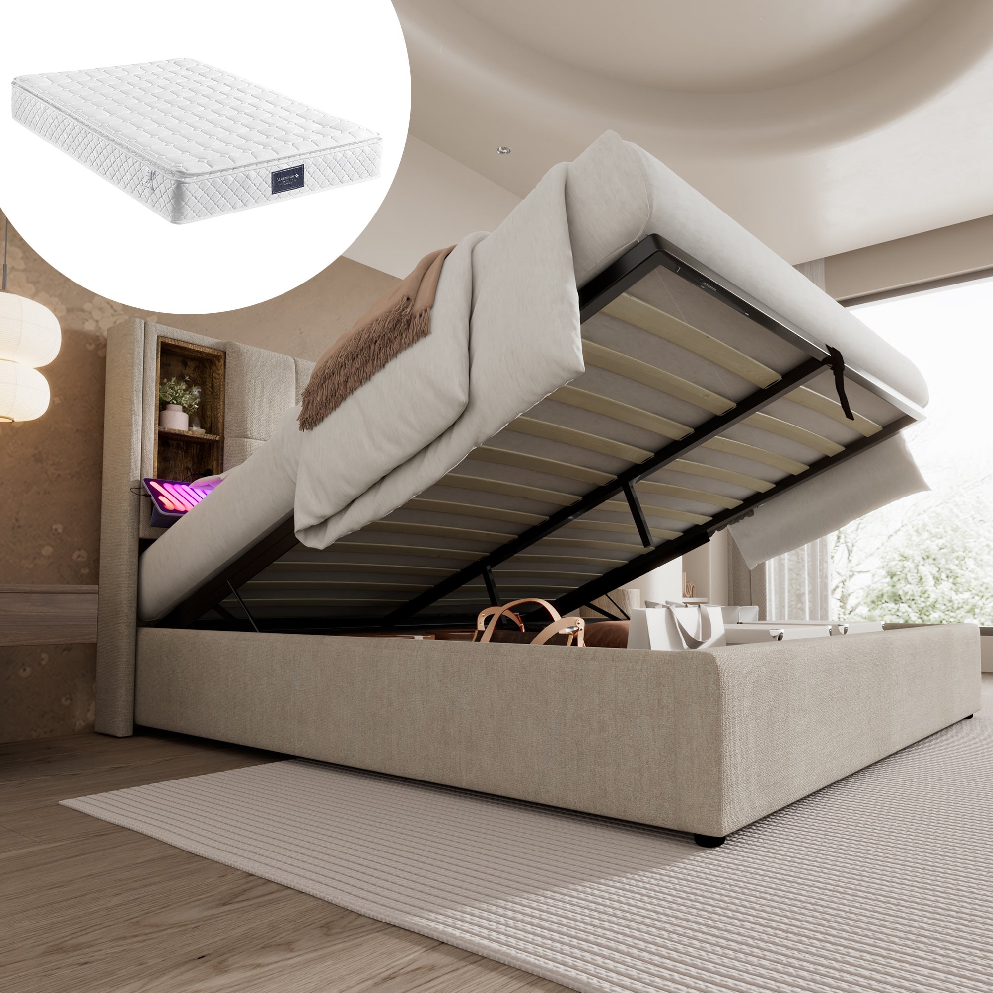 Bettgestell 140x200cm z USB C i ładowaniem bezprzewodowym, z 620 sprężynami, naturalna lnia, z magazynowaniem