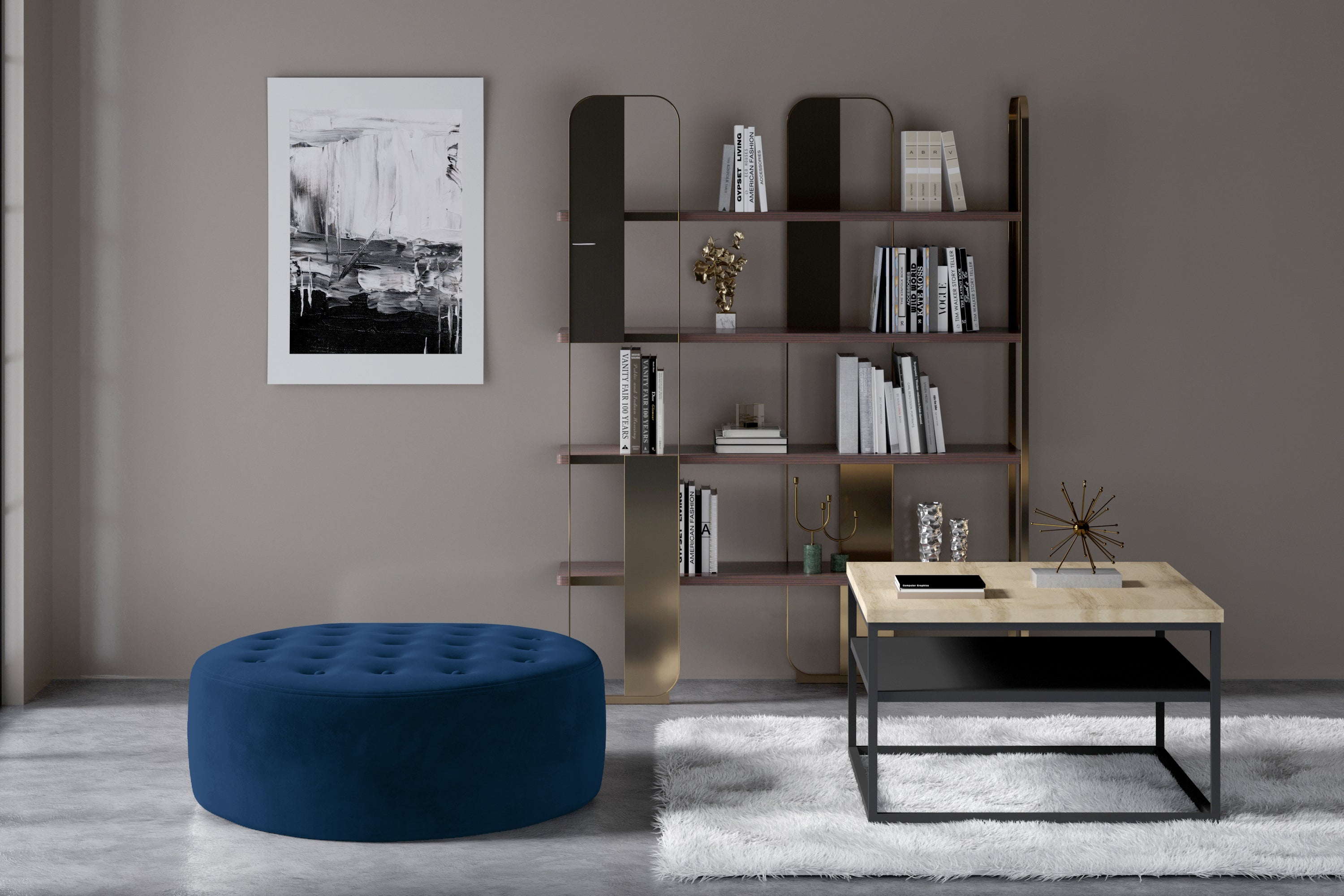 Pouf rond matelassé velours bleu foncé Styla 70cm - 2